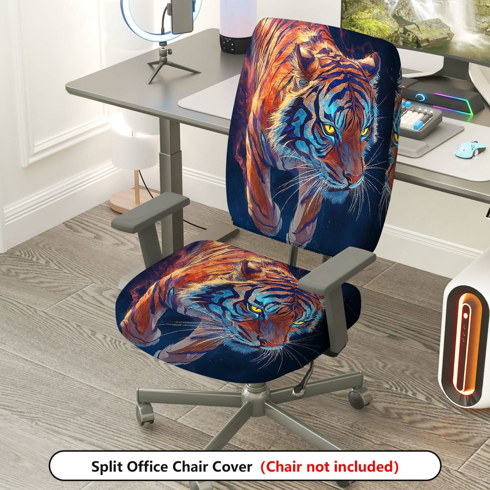 2-Piece Artistic Tiger Animal Pattern Vibrant Stylish Decorative  Computer Chair Cover Set, Seat and Backrest