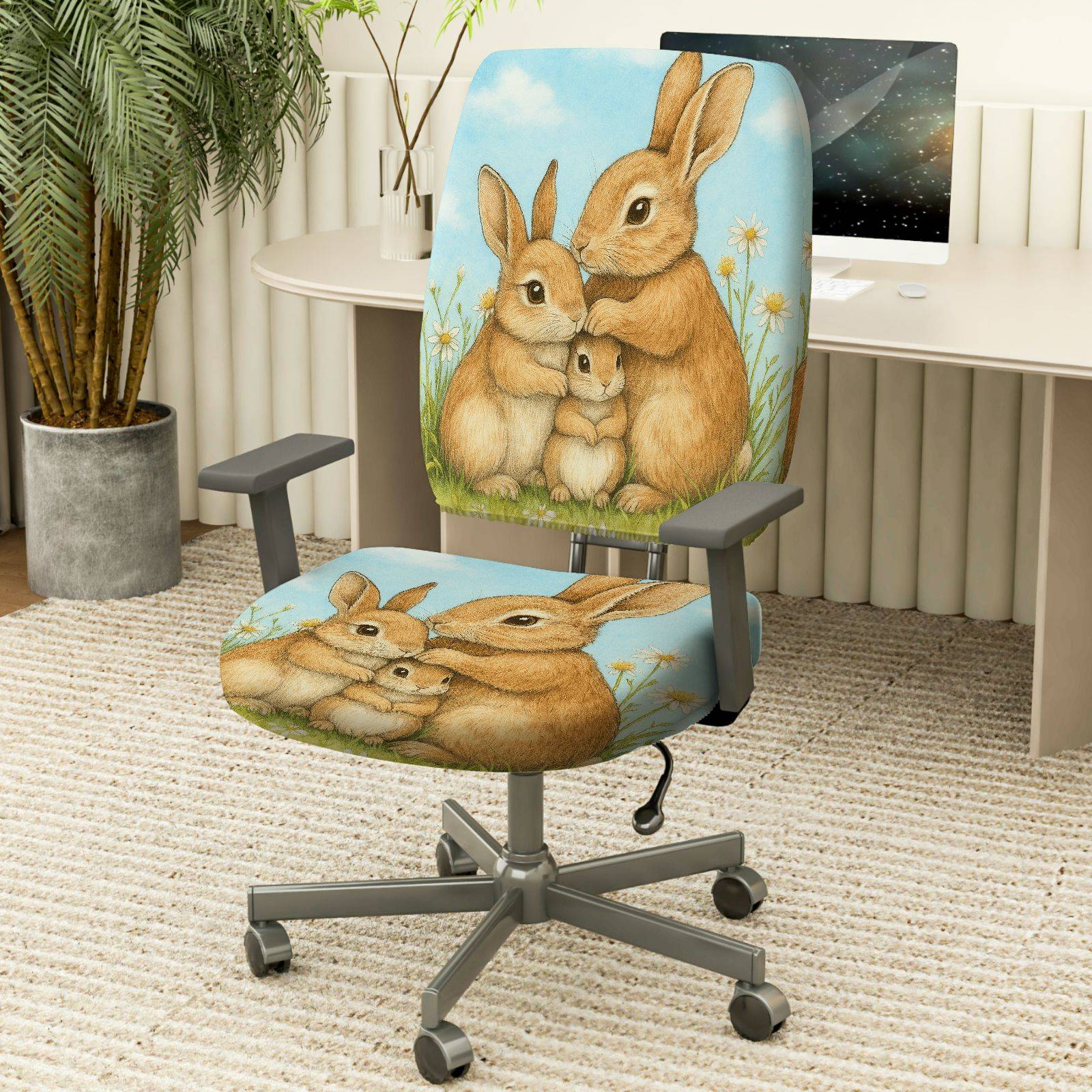 2-Piece Cute Rabbit Family Spring Pastoral Nature Art  Computer Chair Cover Set, Seat and Backrest