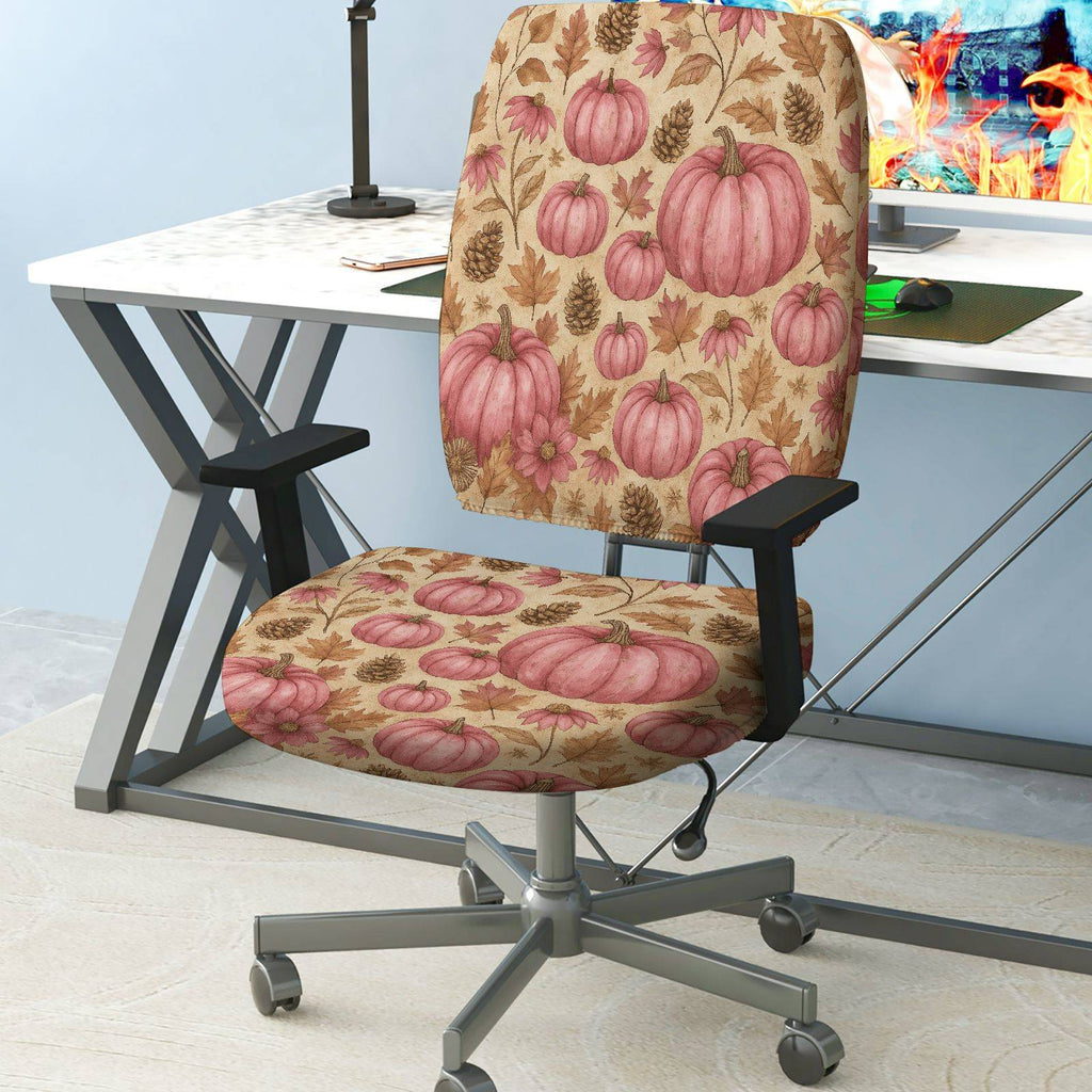 2-Piece Autumn Pumpkin Pinecone Maple Leaves Thanksgiving  Computer Chair Cover Set, Seat and Backrest