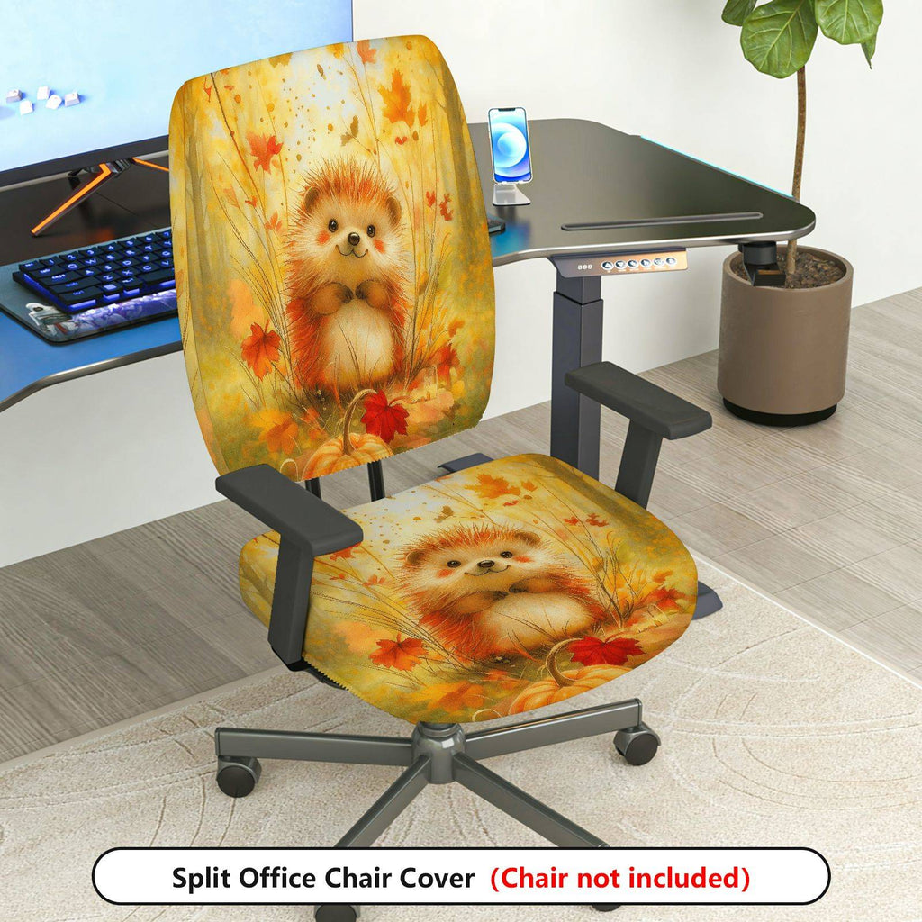 2-Piece Autumn Hedgehog Cute Animal Fall Leaves  Computer Chair Cover Set, Seat and Backrest