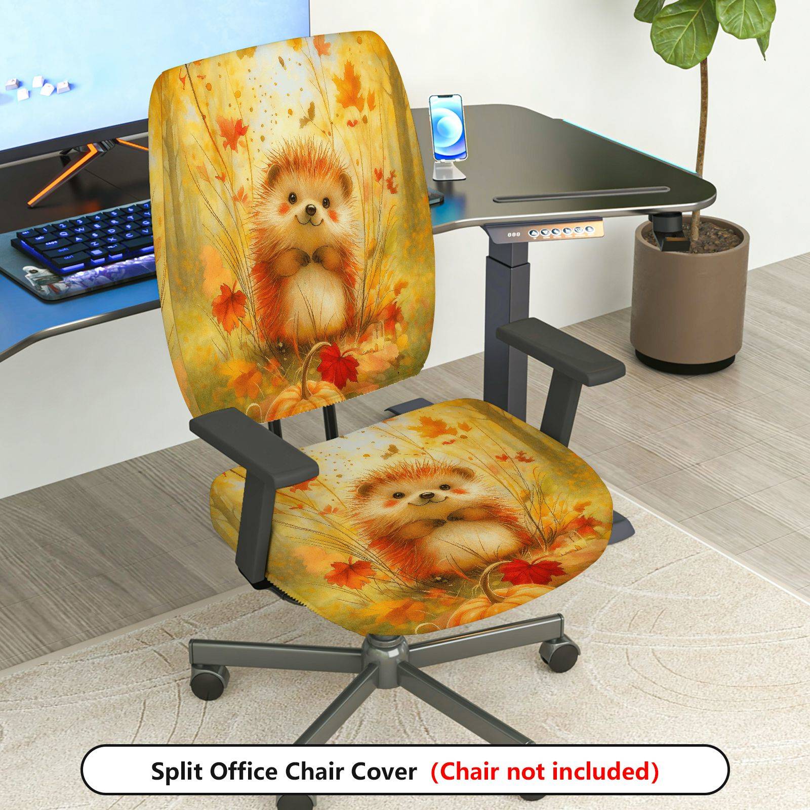 2-Piece Autumn Hedgehog Cute Animal Fall Leaves  Computer Chair Cover Set, Seat and Backrest