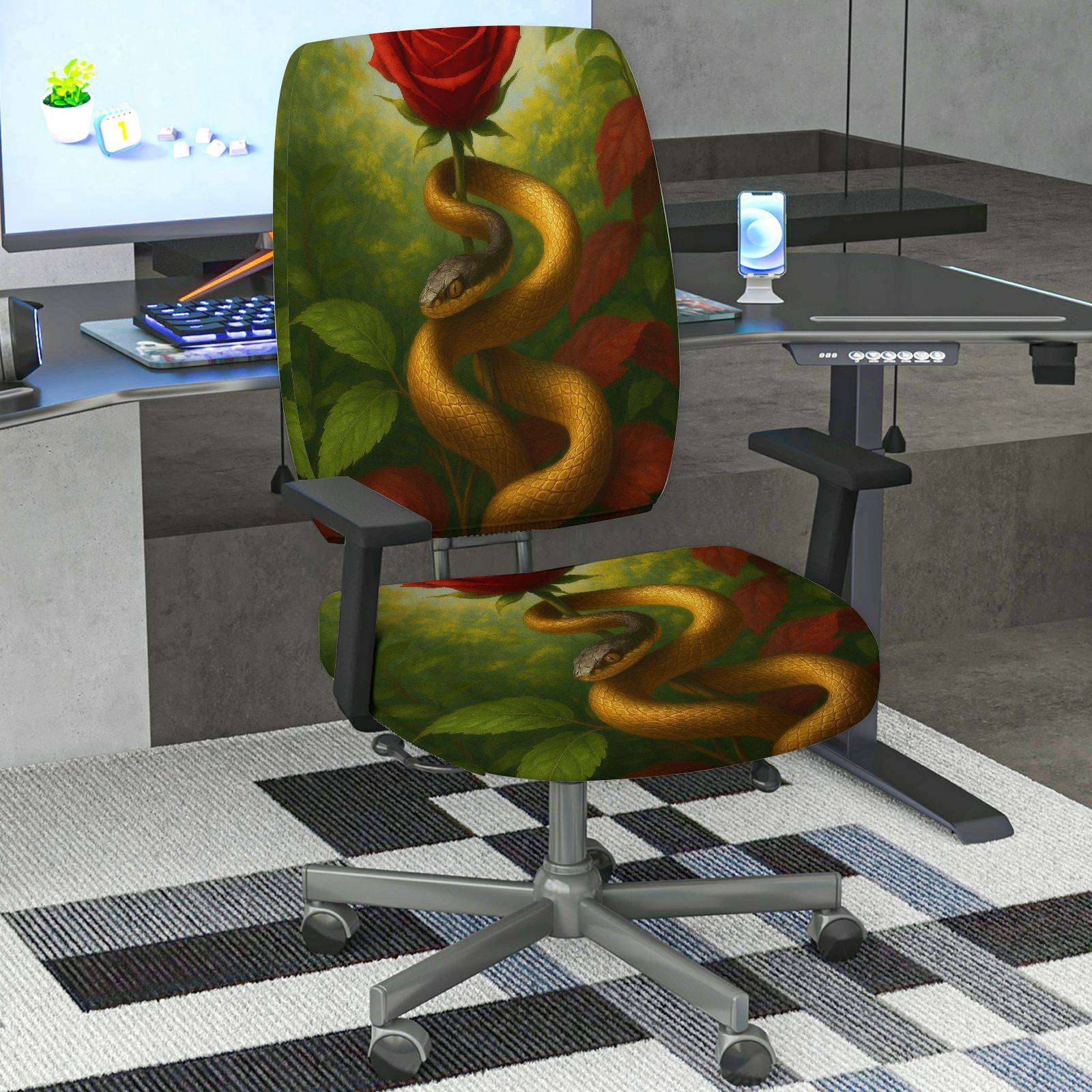 2-Piece Artistic Snake Rose Nature Decorative Vibrant  Computer Chair Cover Set, Seat and Backrest