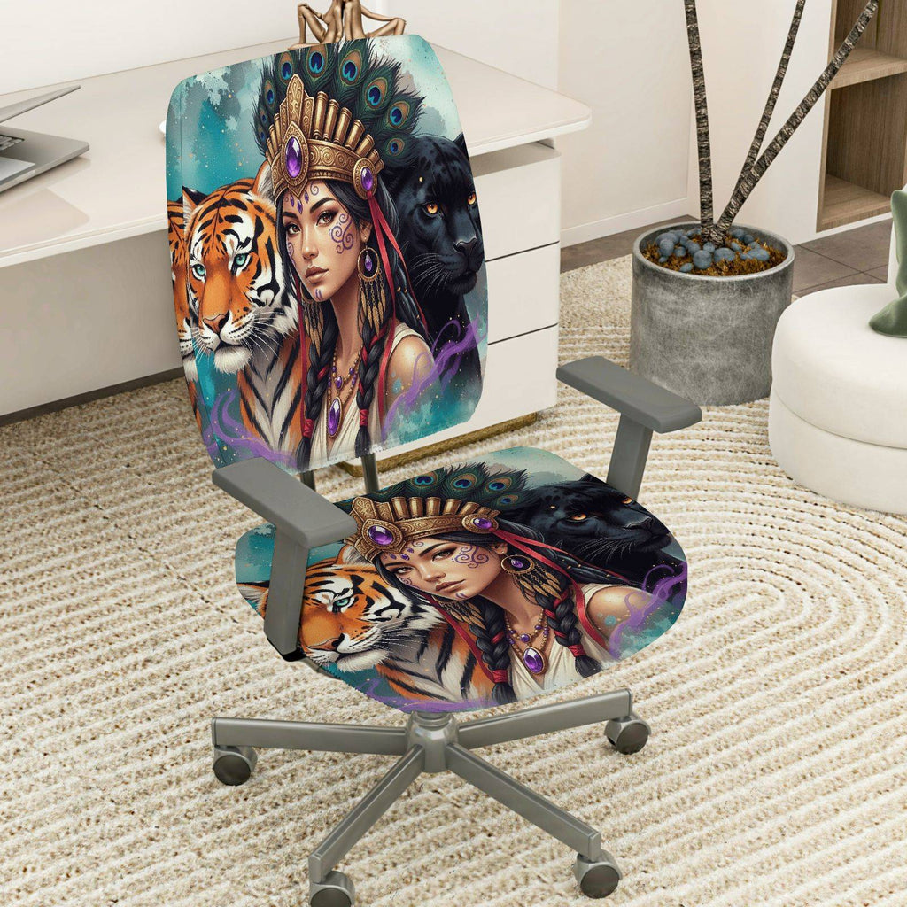 2-Piece Animal Art Tribal Peacock Panther Tiger  Computer Chair Cover Set, Seat and Backrest