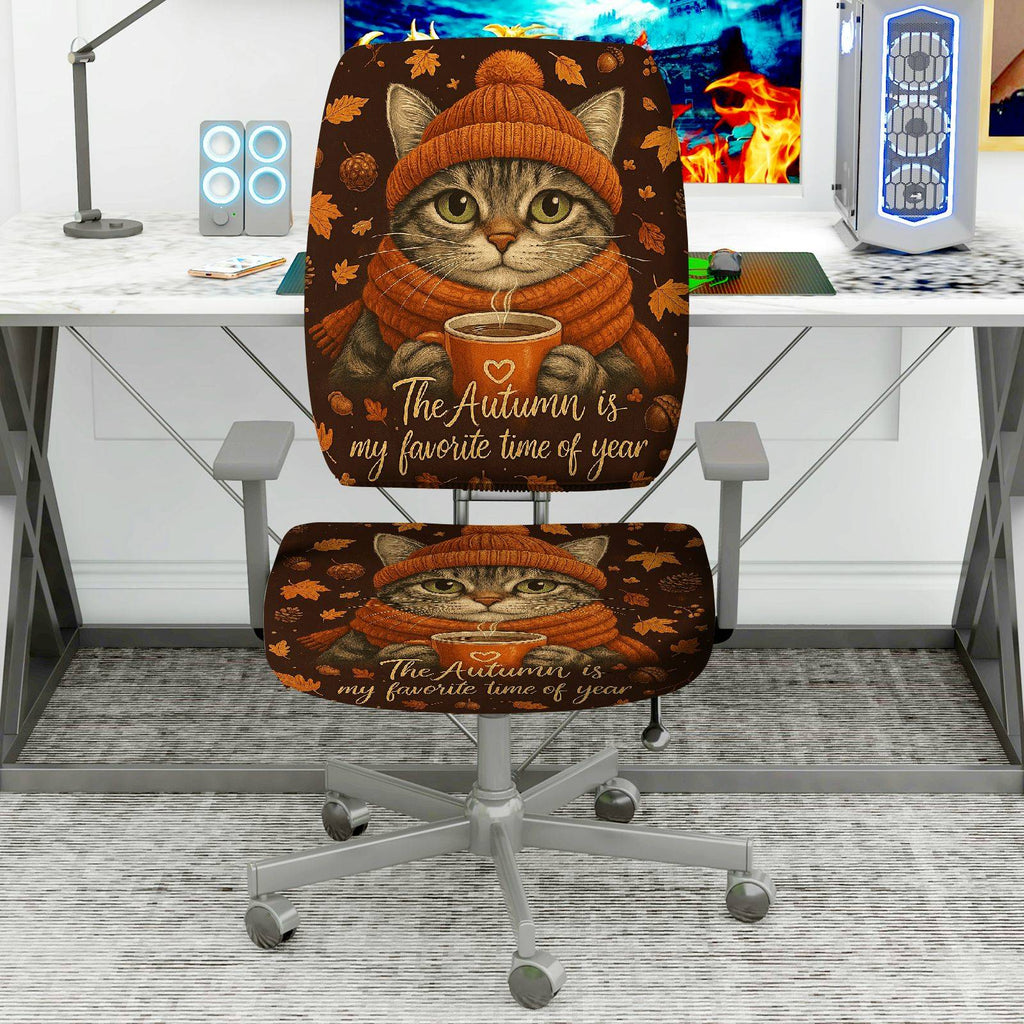 2-Piece Autumn Cat Coffee Leaves Cozy  Computer Chair Cover Set, Seat and Backrest
