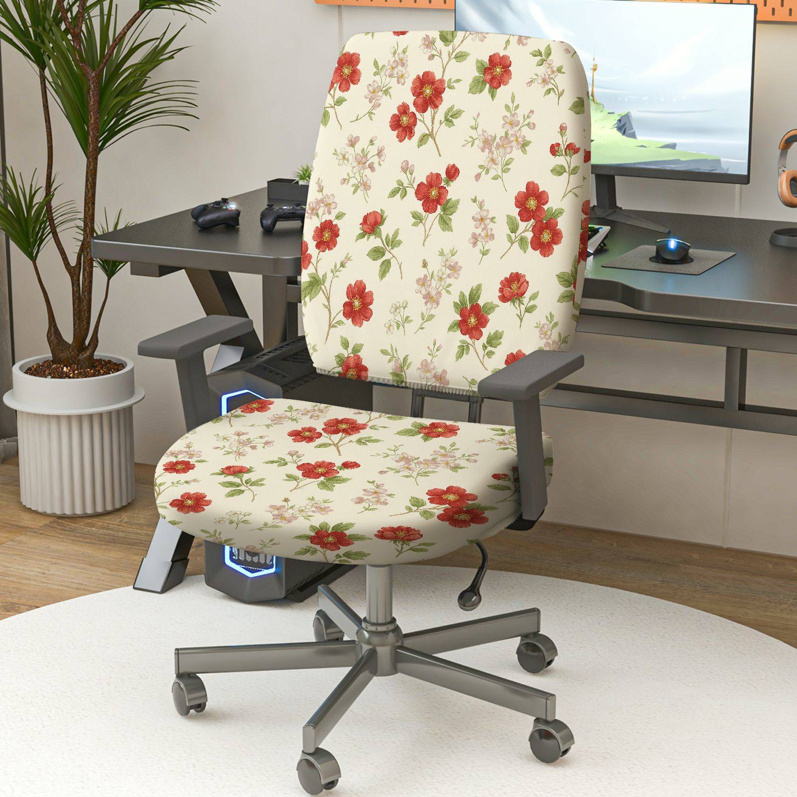 2-Piece Floral Pattern Red Flower  Computer Chair Cover Set, Seat and Backrest