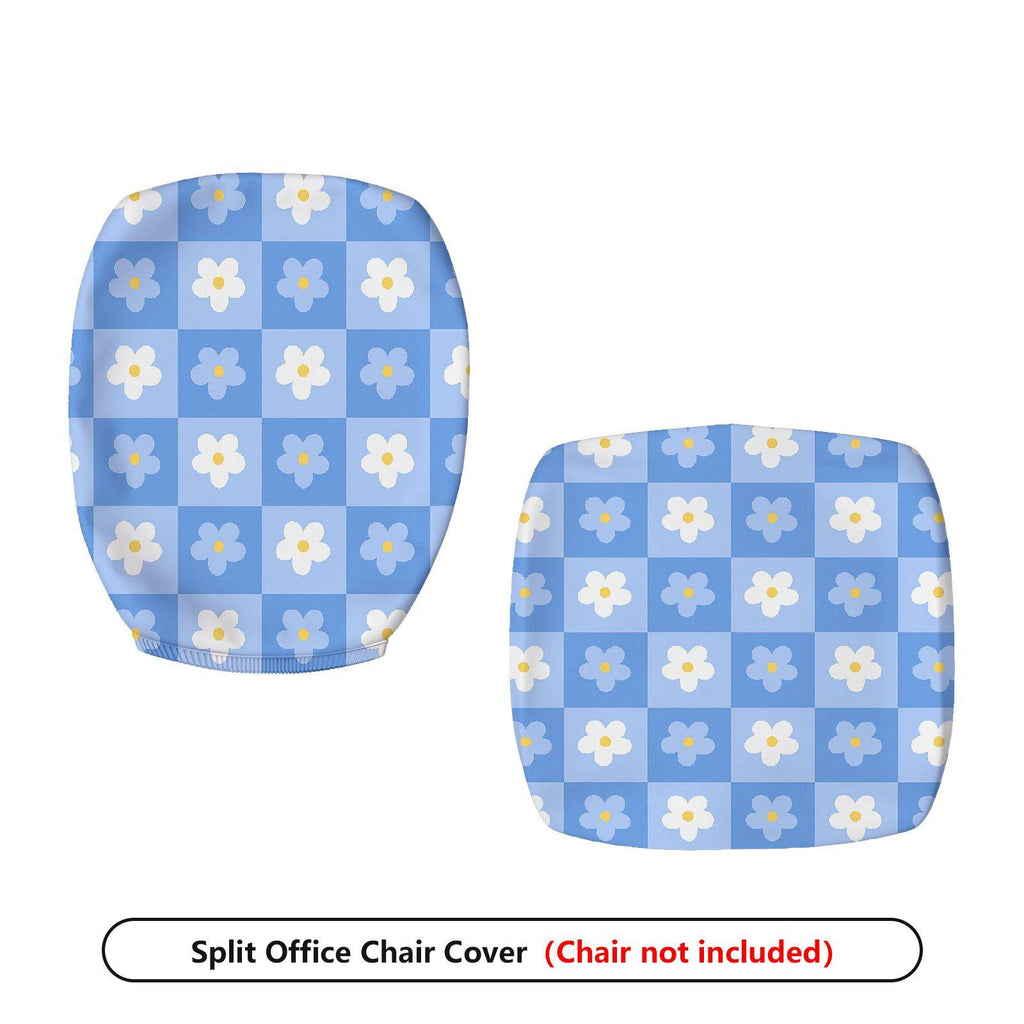 2-Piece Blue Floral Checkered Pattern  Computer Chair Cover Set, Seat and Backrest