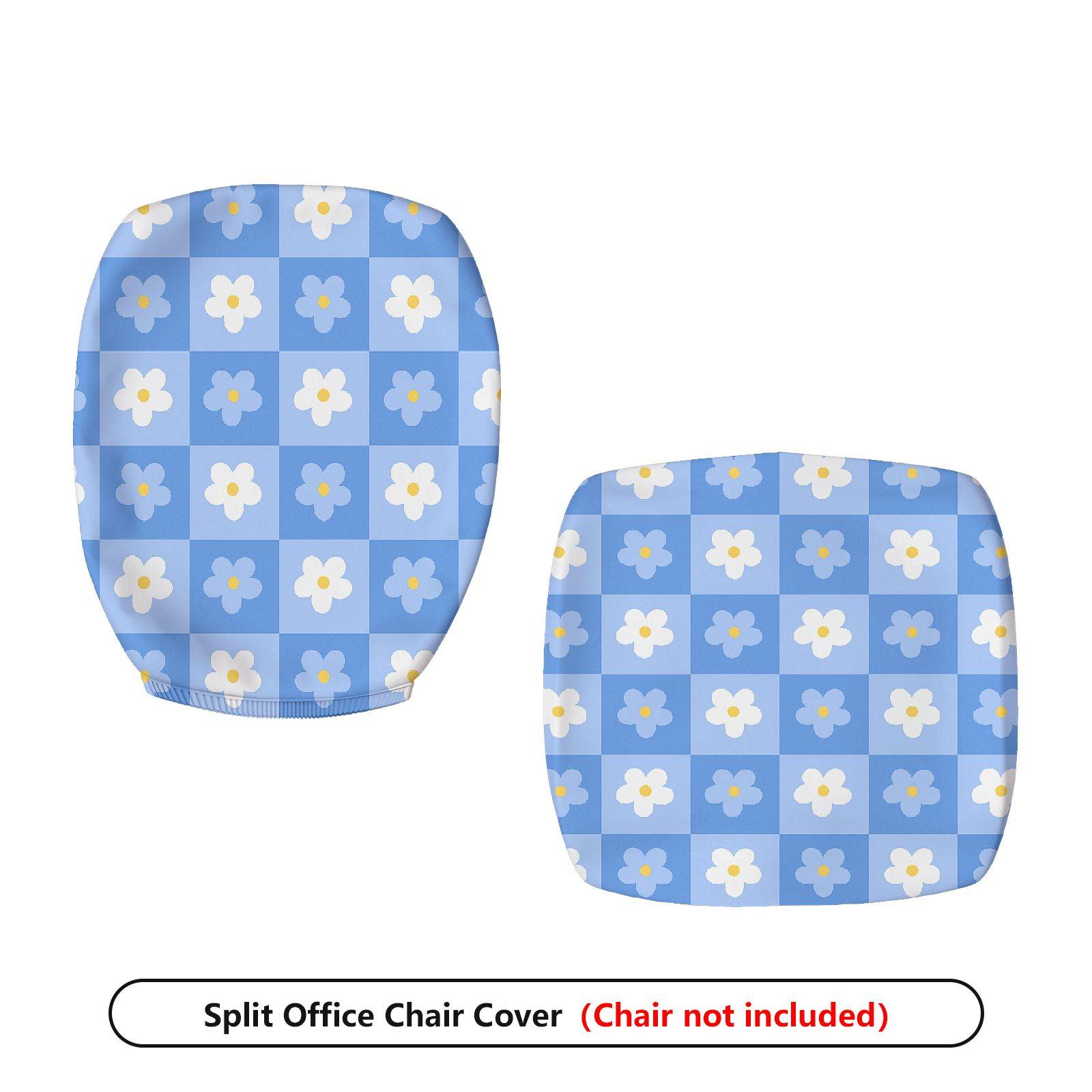2-Piece Blue Floral Checkered Pattern  Computer Chair Cover Set, Seat and Backrest