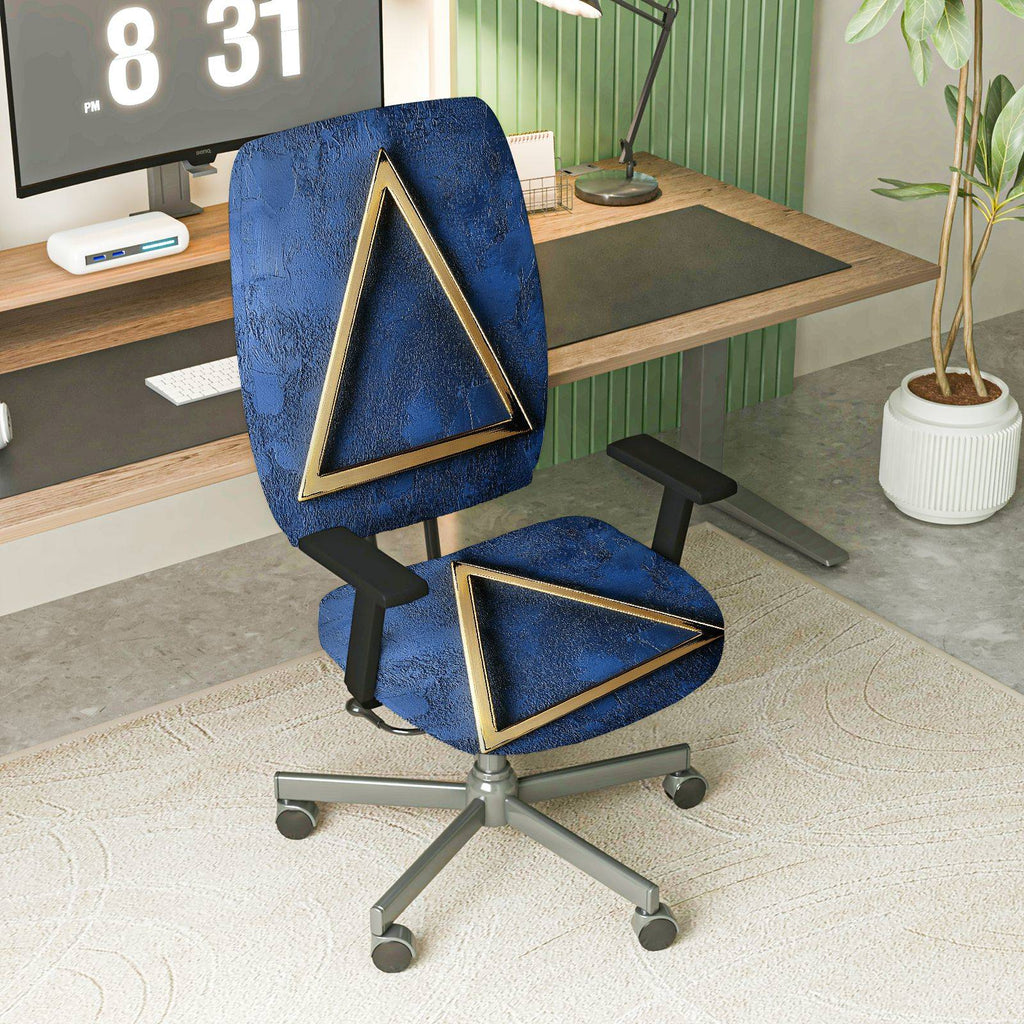 2-Piece Geometric Design Modern Blue Gold Triangle  Computer Chair Cover Set, Seat and Backrest