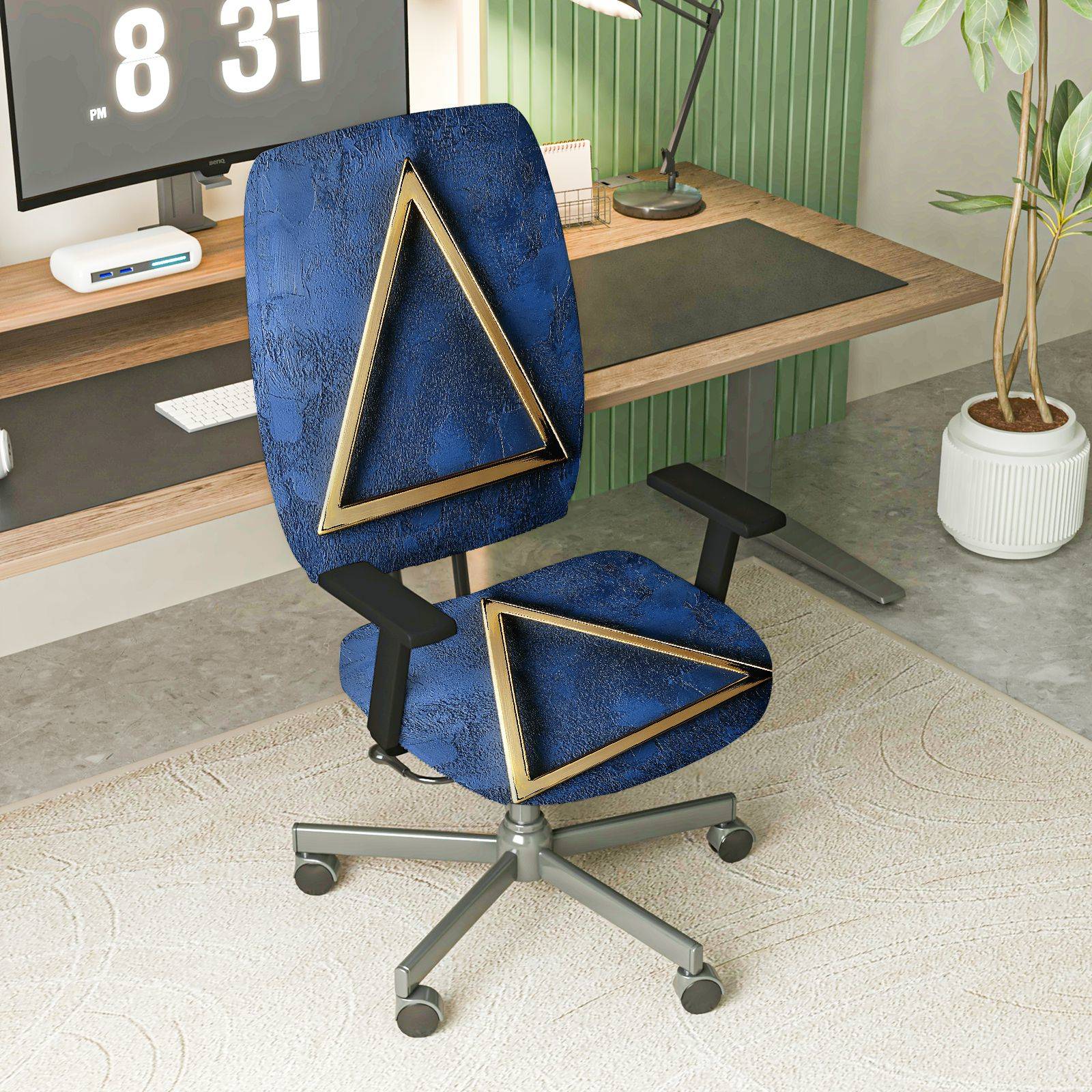 2-Piece Geometric Design Modern Blue Gold Triangle  Computer Chair Cover Set, Seat and Backrest