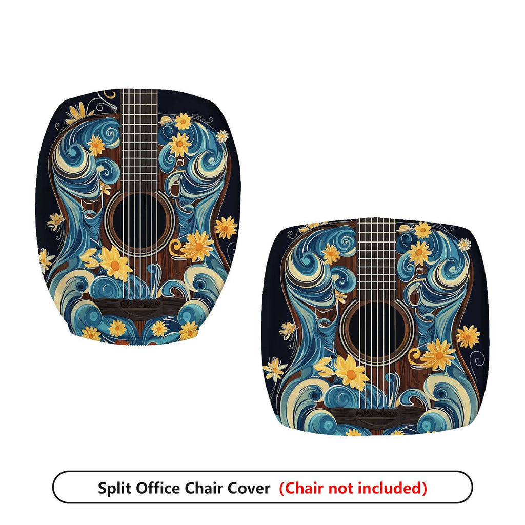 2-Piece Artistic Floral Guitar Blue  Computer Chair Cover Set, Seat and Backrest