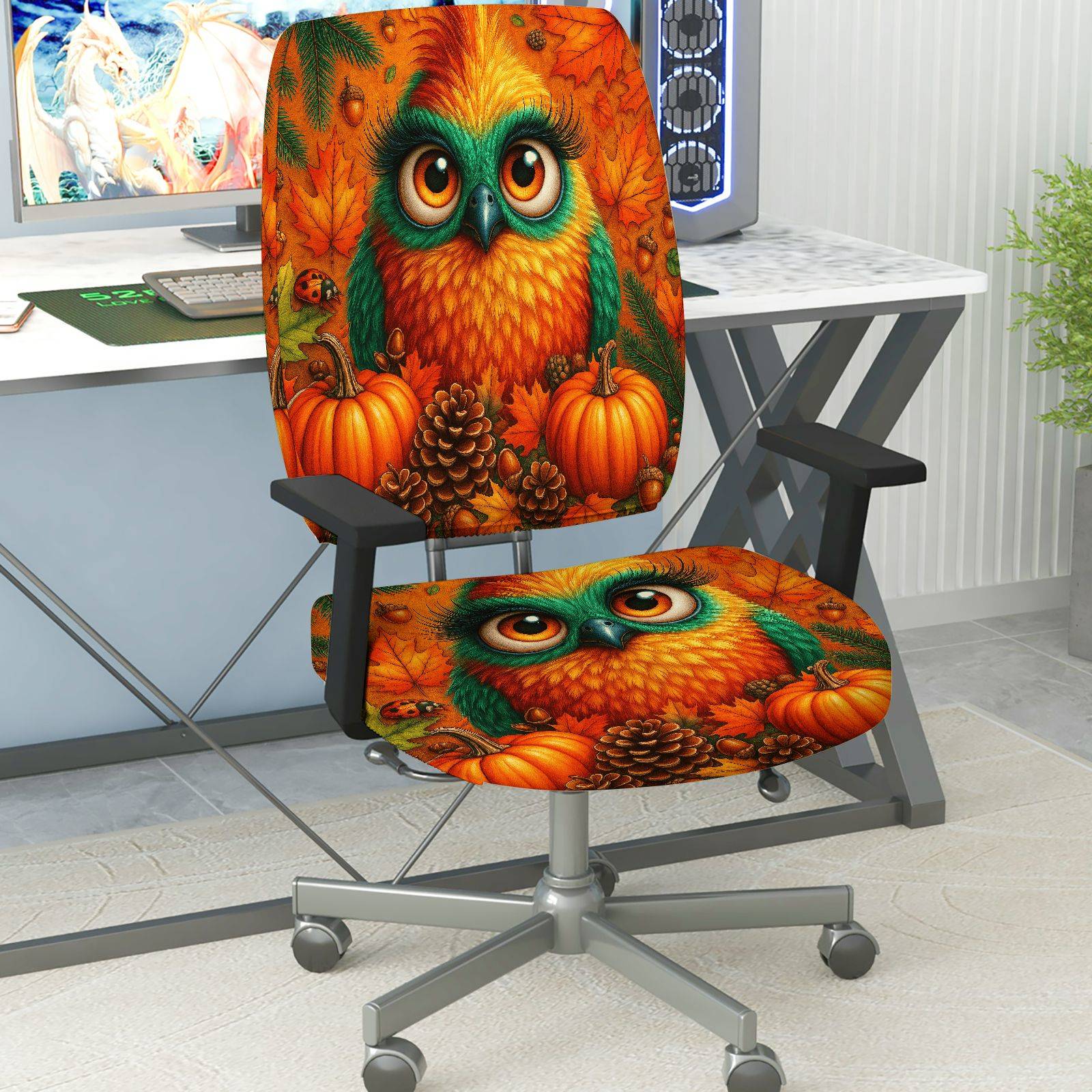 2-Piece Autumn Owl Pumpkin Pinecone Leaf  Computer Chair Cover Set, Seat and Backrest