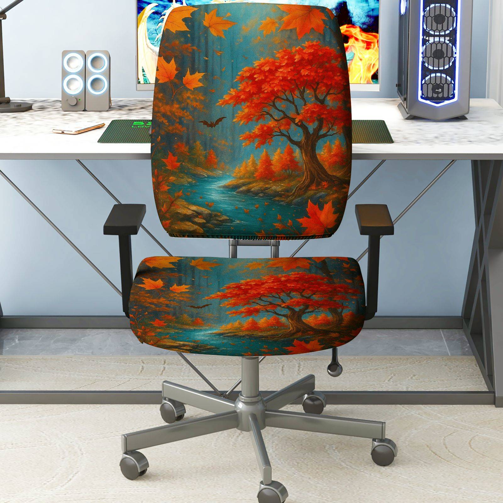 2-Piece Autumn Maple Tree River Bat Leaves  Computer Chair Cover Set, Seat and Backrest