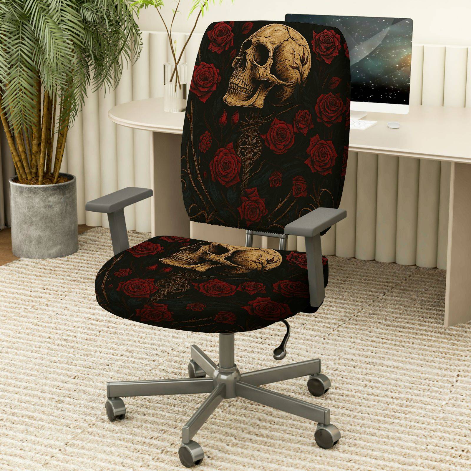 2-Piece Gothic Skull Floral Rose Black  Computer Chair Cover Set, Seat and Backrest