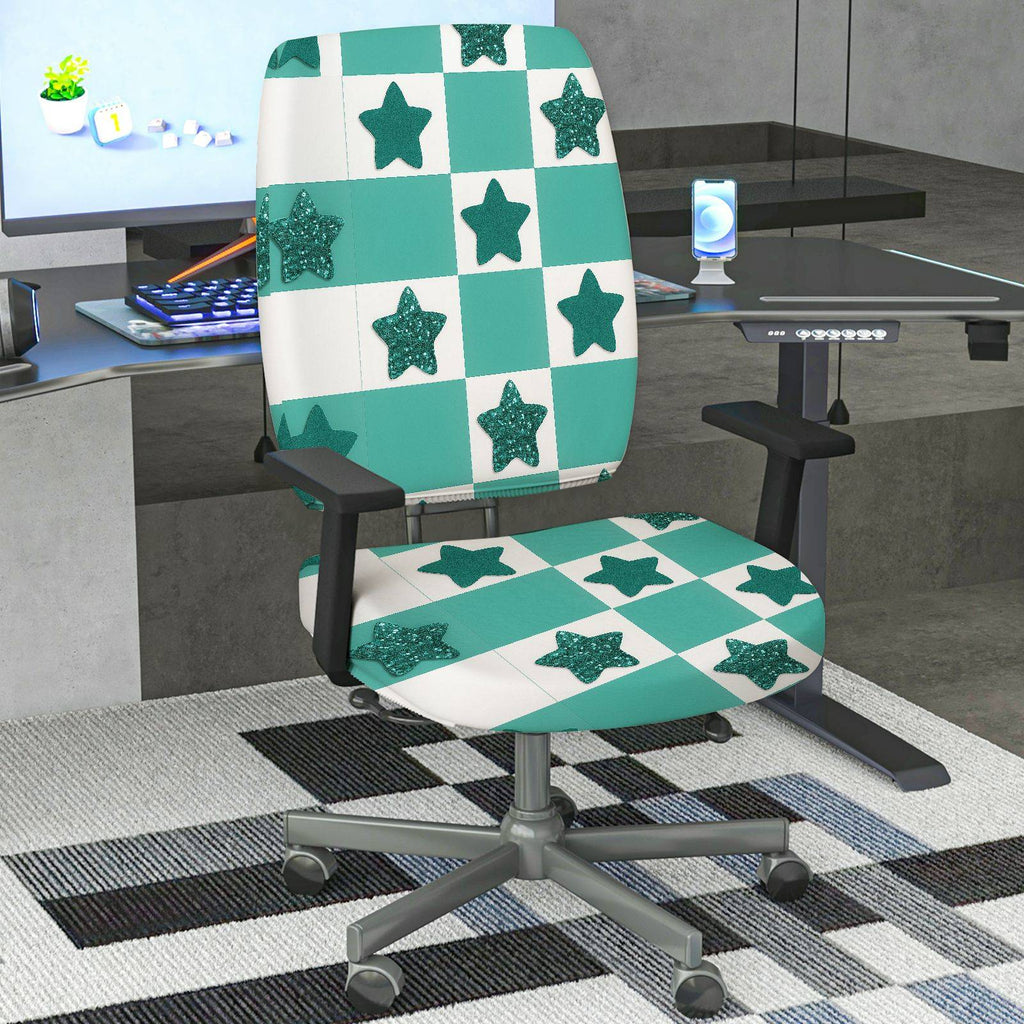 2-Piece Aesthetic Checkered Star Glitter Geometric  Computer Chair Cover Set, Seat and Backrest