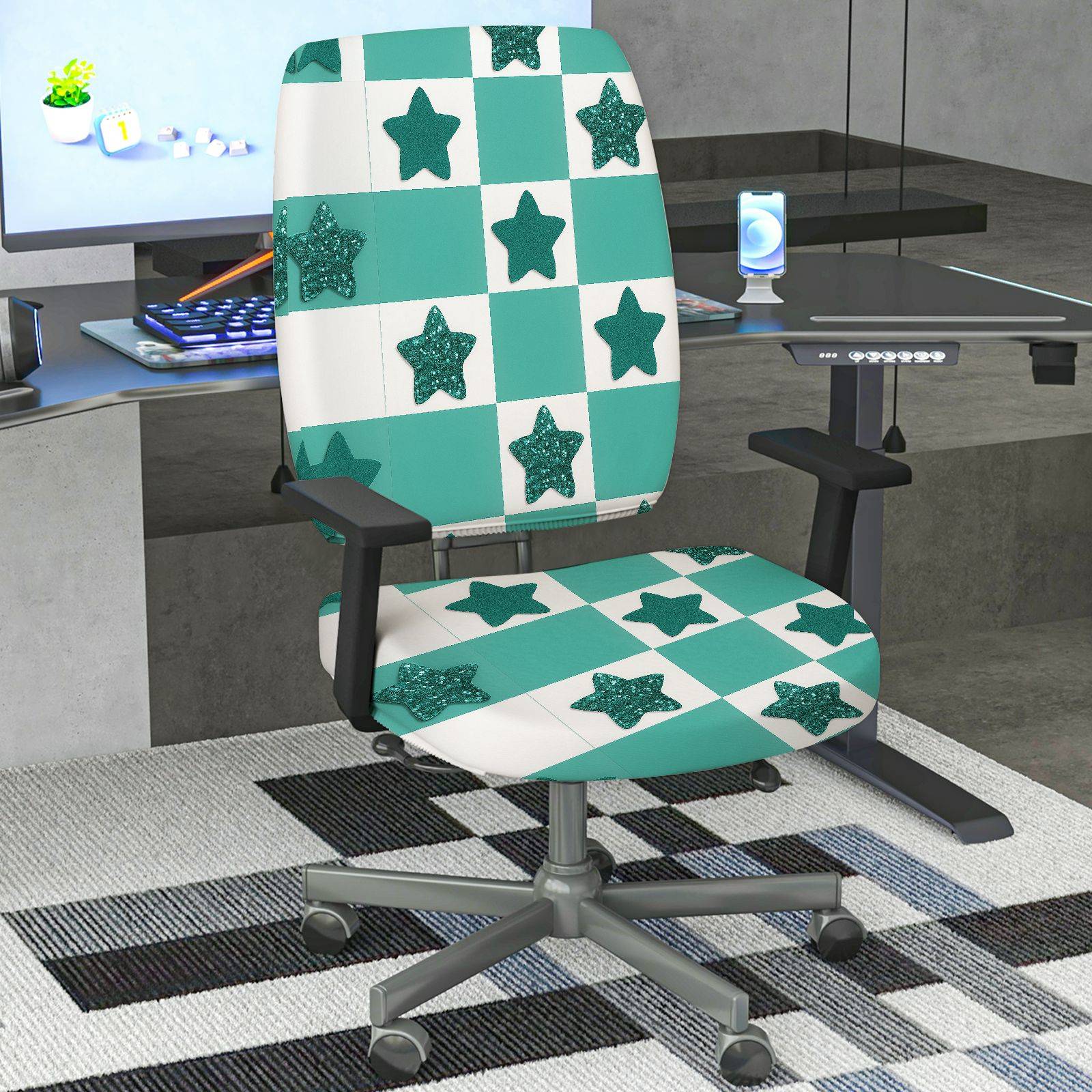 2-Piece Aesthetic Checkered Star Glitter Geometric  Computer Chair Cover Set, Seat and Backrest