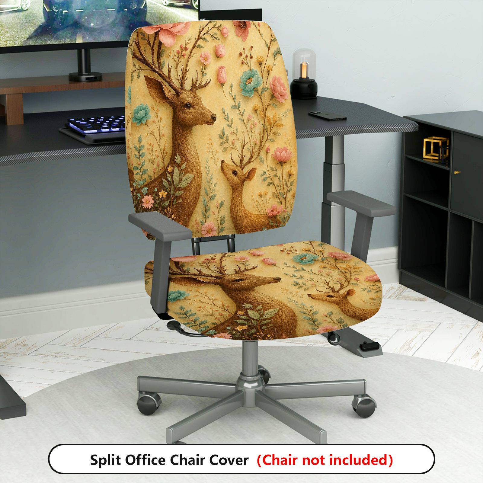2-Piece Animal Floral Pattern Nature Deer Colorful  Computer Chair Cover Set, Seat and Backrest