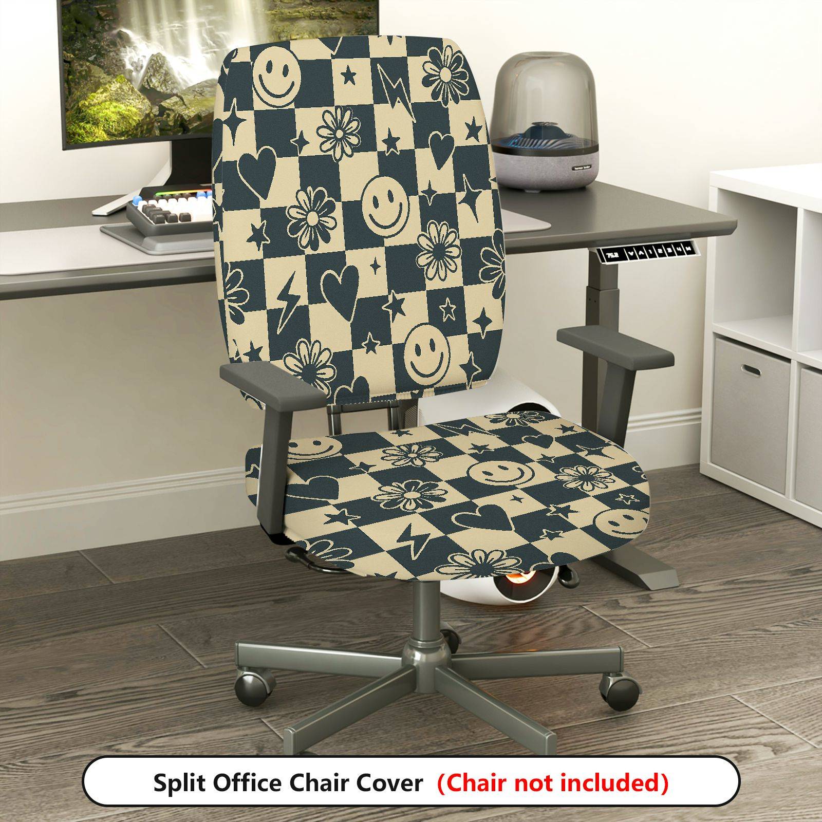 2-Piece Geometric Floral Smiley Hearts Stars  Computer Chair Cover Set, Seat and Backrest
