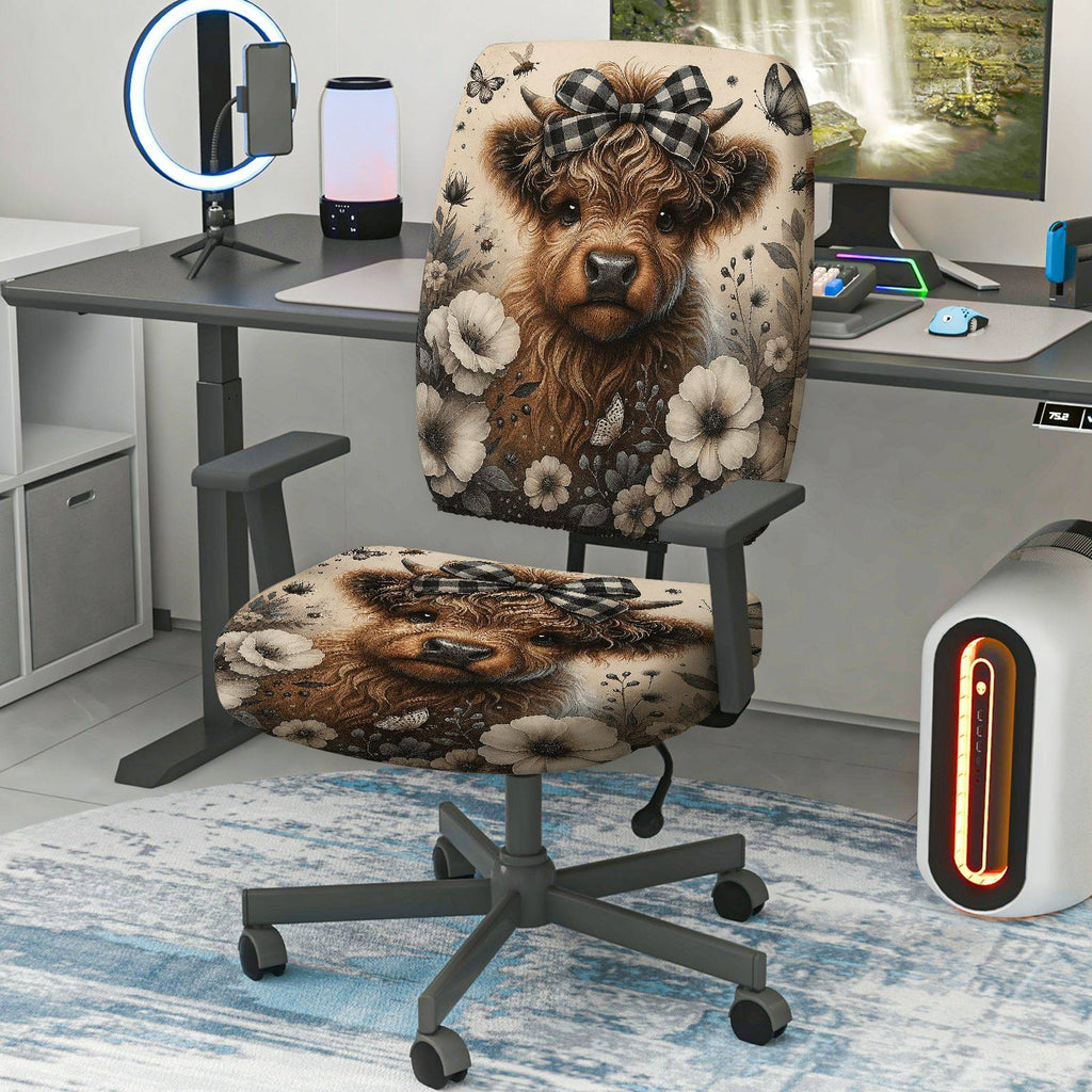 2-Piece Cute Animal Floral Bow Playful Holiday  Computer Chair Cover Set, Seat and Backrest