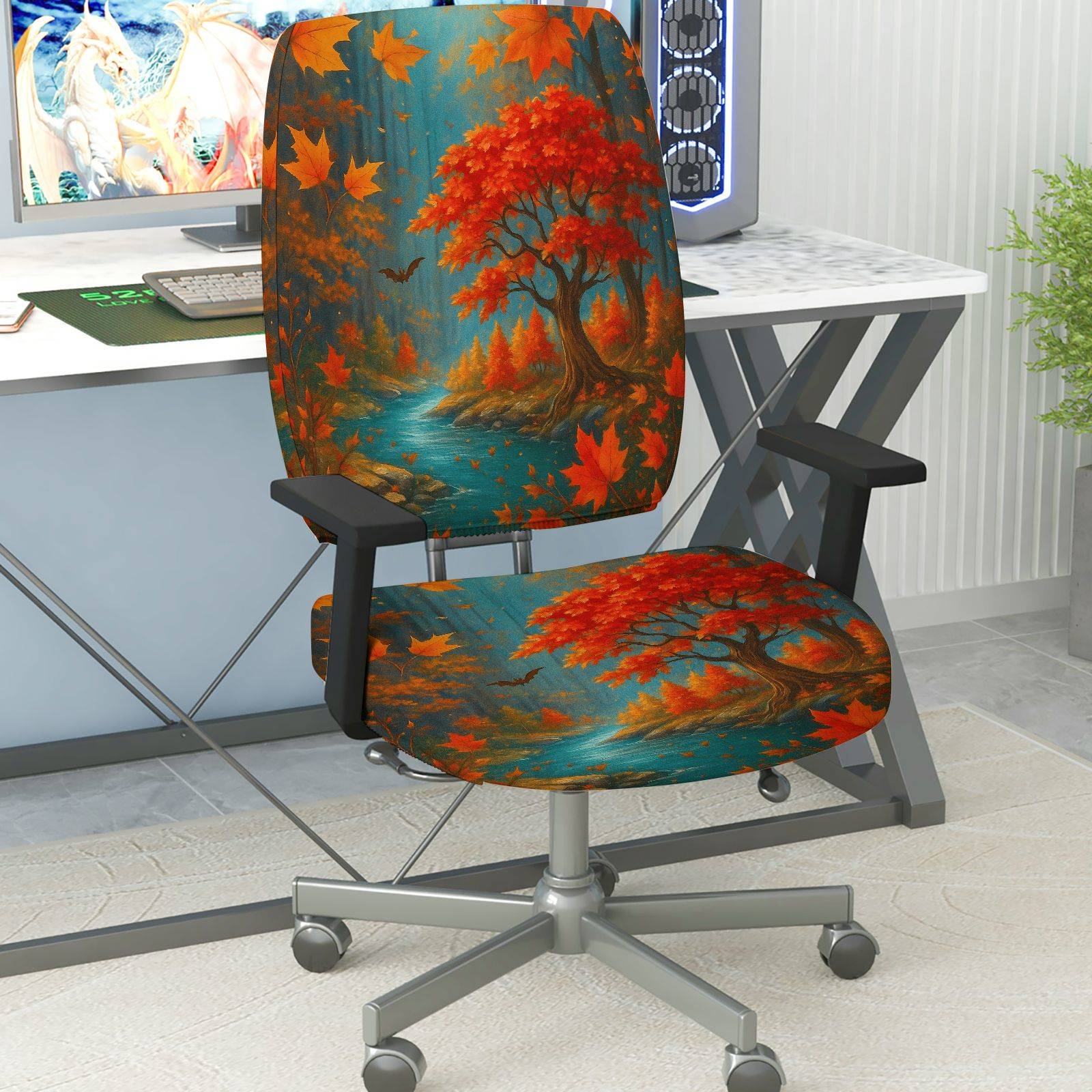 2-Piece Autumn Maple Tree River Bat Leaves  Computer Chair Cover Set, Seat and Backrest