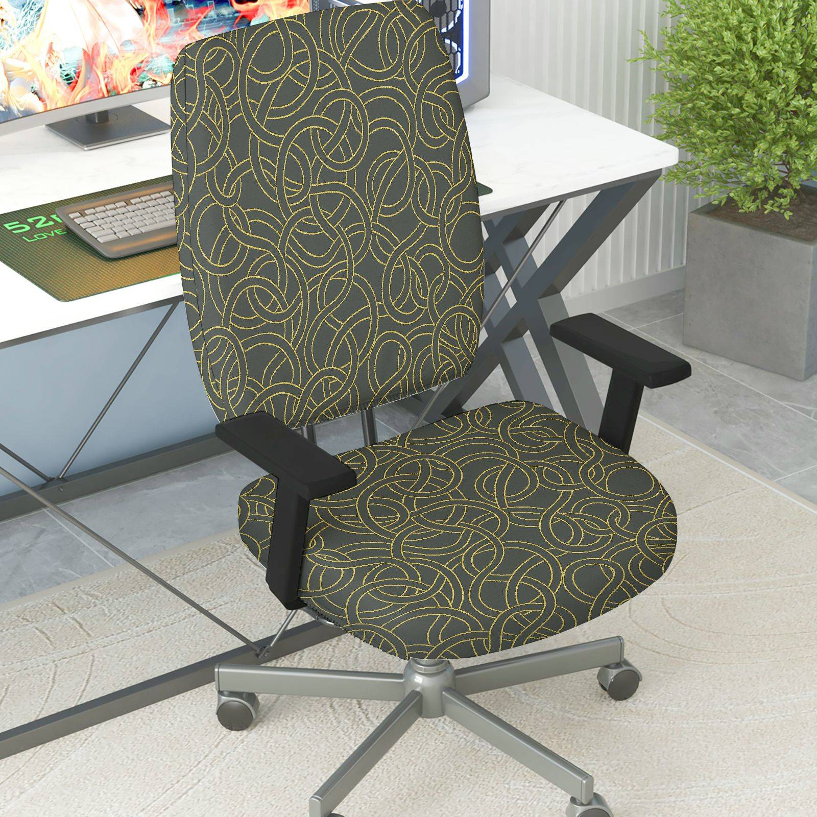 2-Piece Abstract Pattern Black Gold Modern Stylish Elegant  Computer Chair Cover Set, Seat and Backrest