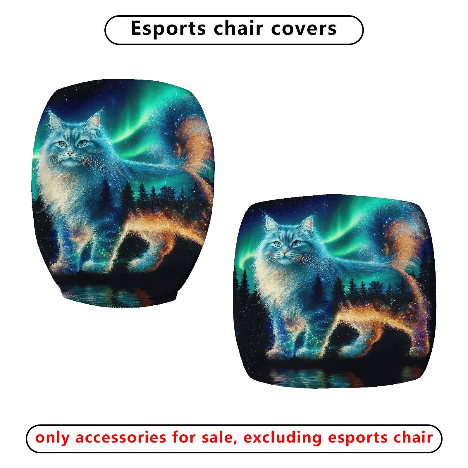 2-Piece Aurora Cat Galaxy Starry Forest Scenery  Computer Chair Cover Set, Seat and Backrest