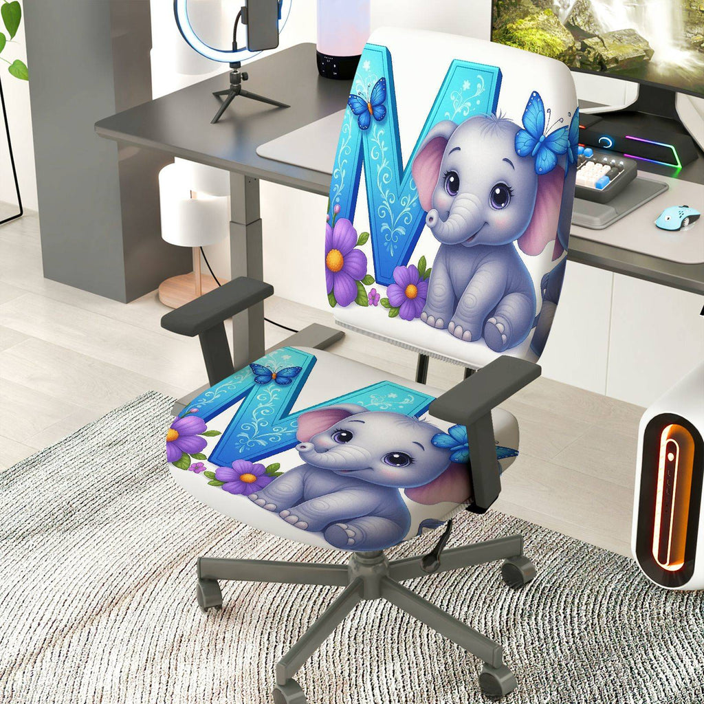 2-Piece Cute Elephant Butterfly Flower  Computer Chair Cover Set, Seat and Backrest