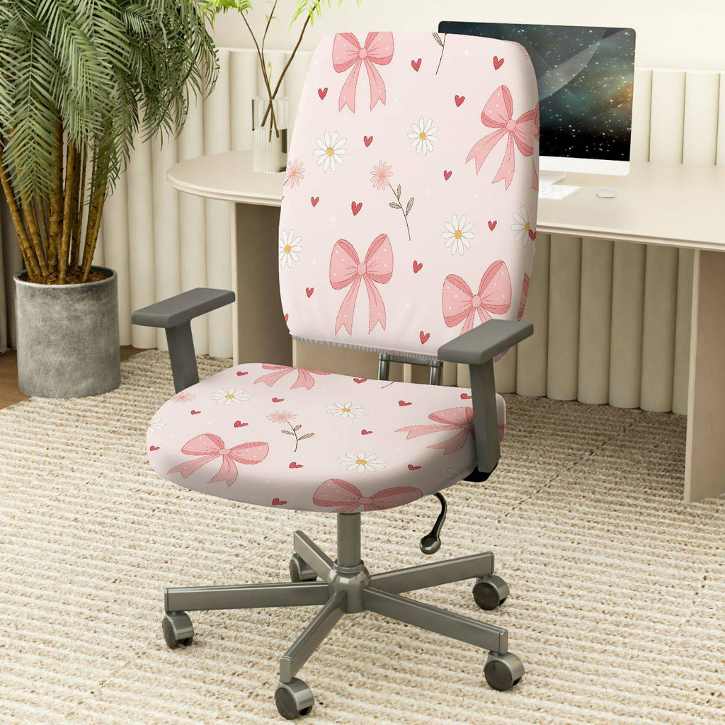 2-Piece Pink Bow Floral Heart Romantic Cute  Computer Chair Cover Set, Seat and Backrest