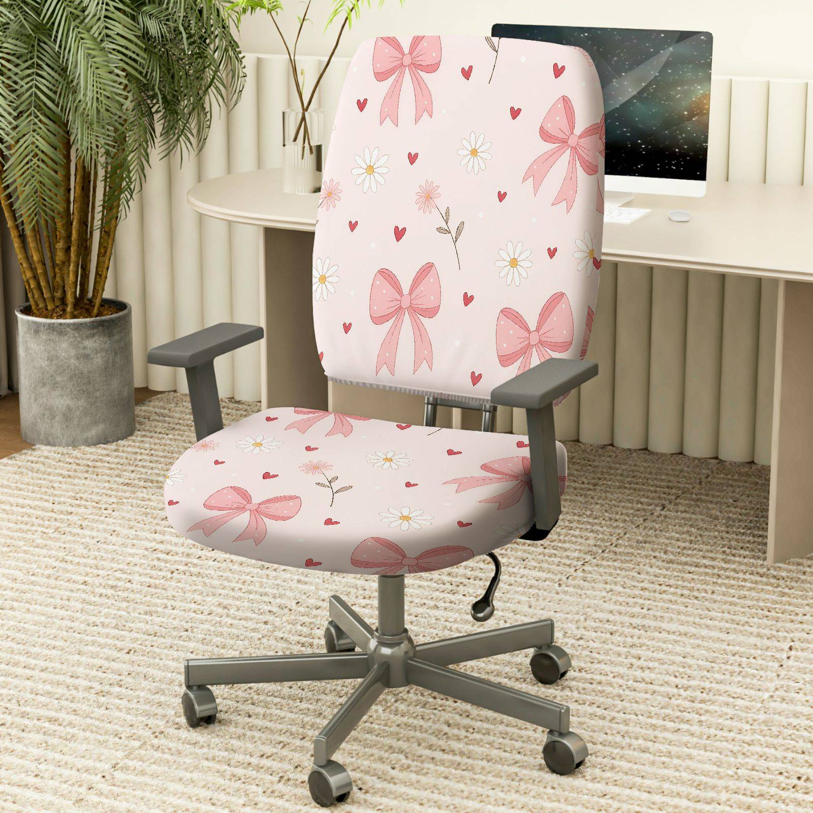 2-Piece Pink Bow Floral Heart Romantic Cute  Computer Chair Cover Set, Seat and Backrest