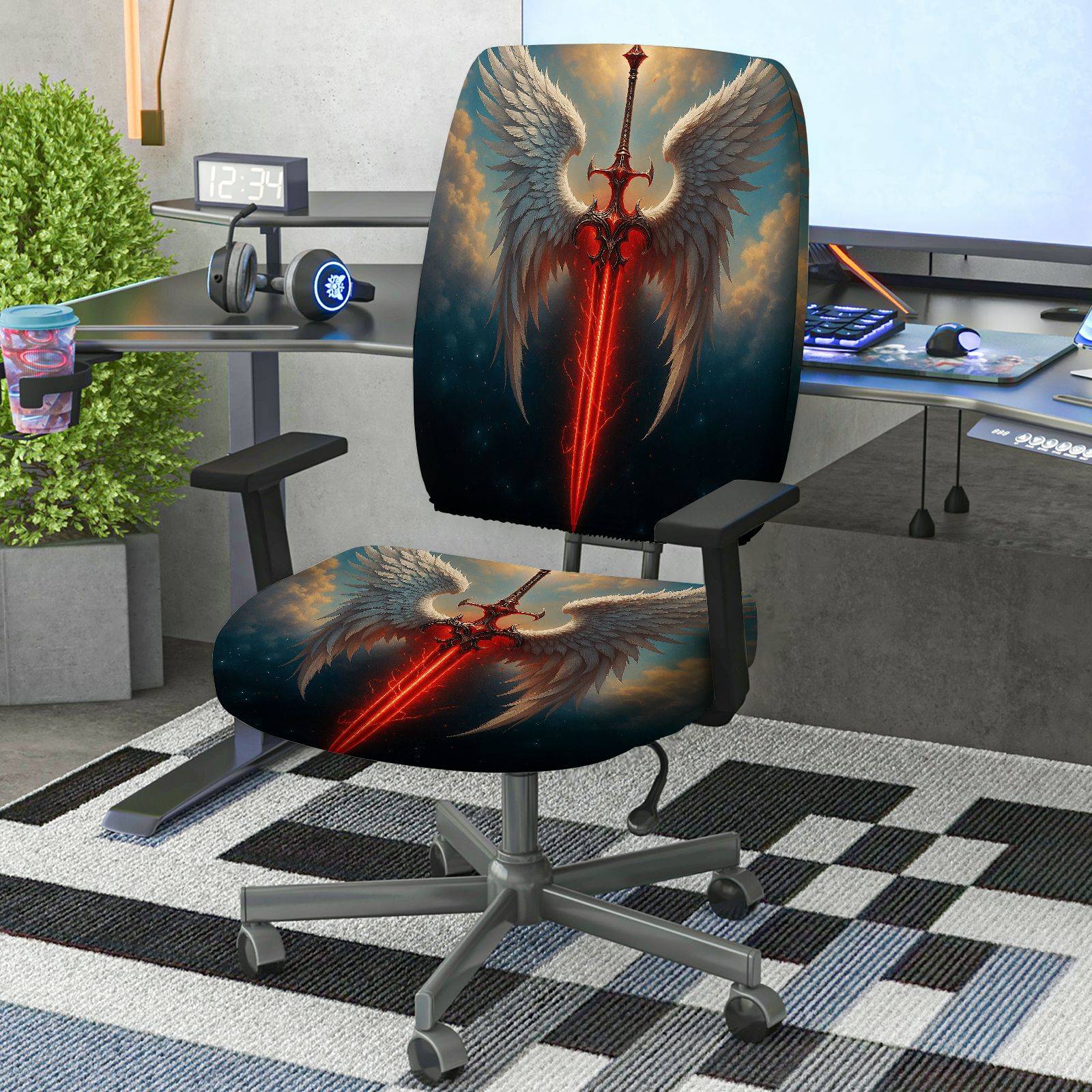 2-Piece Angel Wings Sword Fantasy Gaming  Computer Chair Cover Set, Seat and Backrest