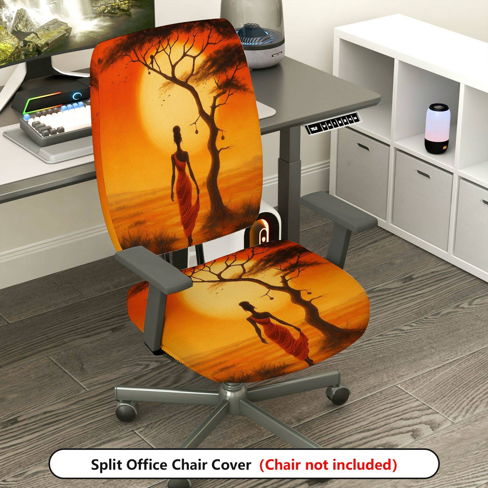 2-Piece African Sunset Woman Art Landscape Tree  Computer Chair Cover Set, Seat and Backrest