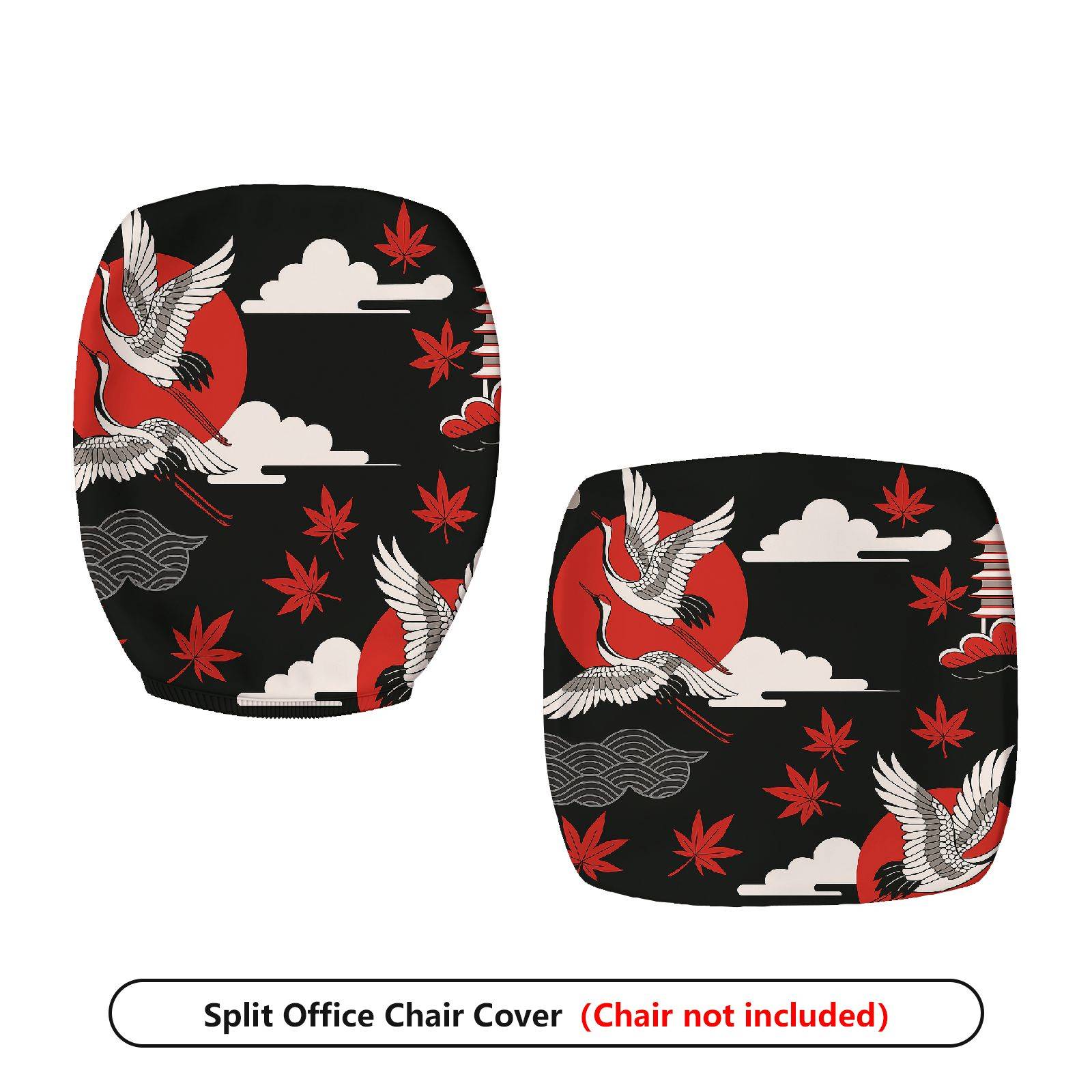 2-Piece Japanese Crane Red Nature Pattern  Computer Chair Cover Set, Seat and Backrest