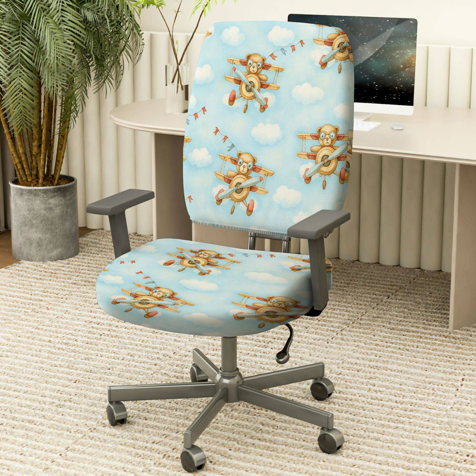 2-Piece Animal Airplane Sky Clouds Fun  Computer Chair Cover Set, Seat and Backrest