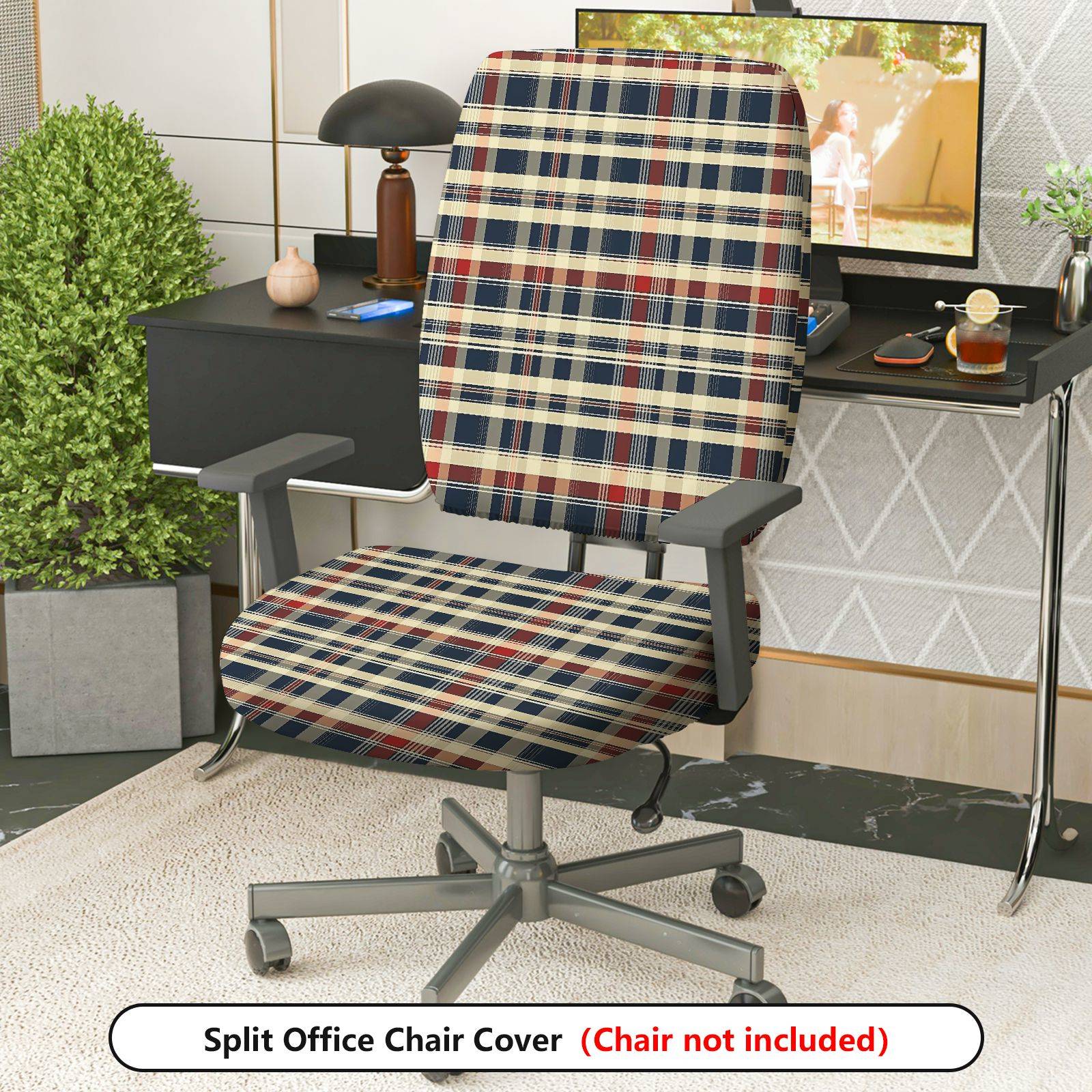 2-Piece Plaid Tartan Stripe Geometric Classic  Computer Chair Cover Set, Seat and Backrest