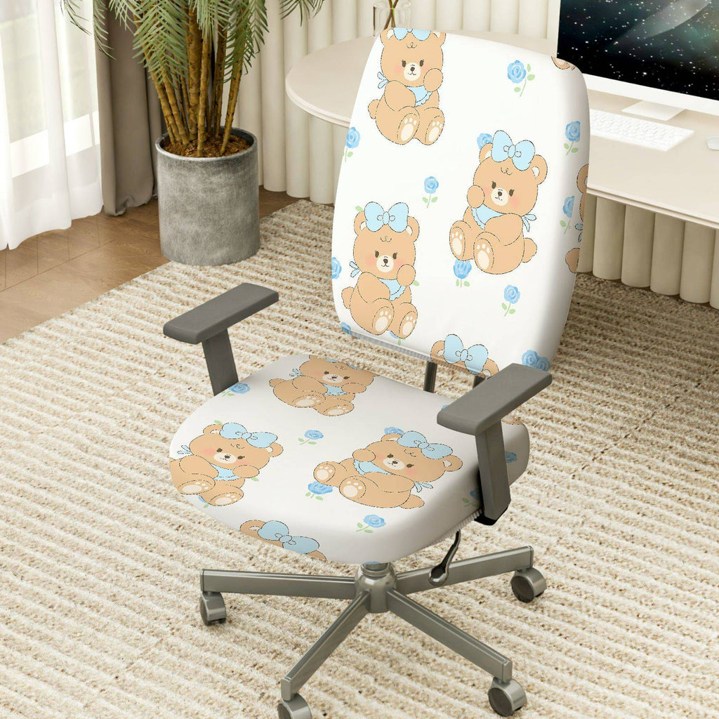 2-Piece Cute Bear Floral Decorative  Computer Chair Cover Set, Seat and Backrest