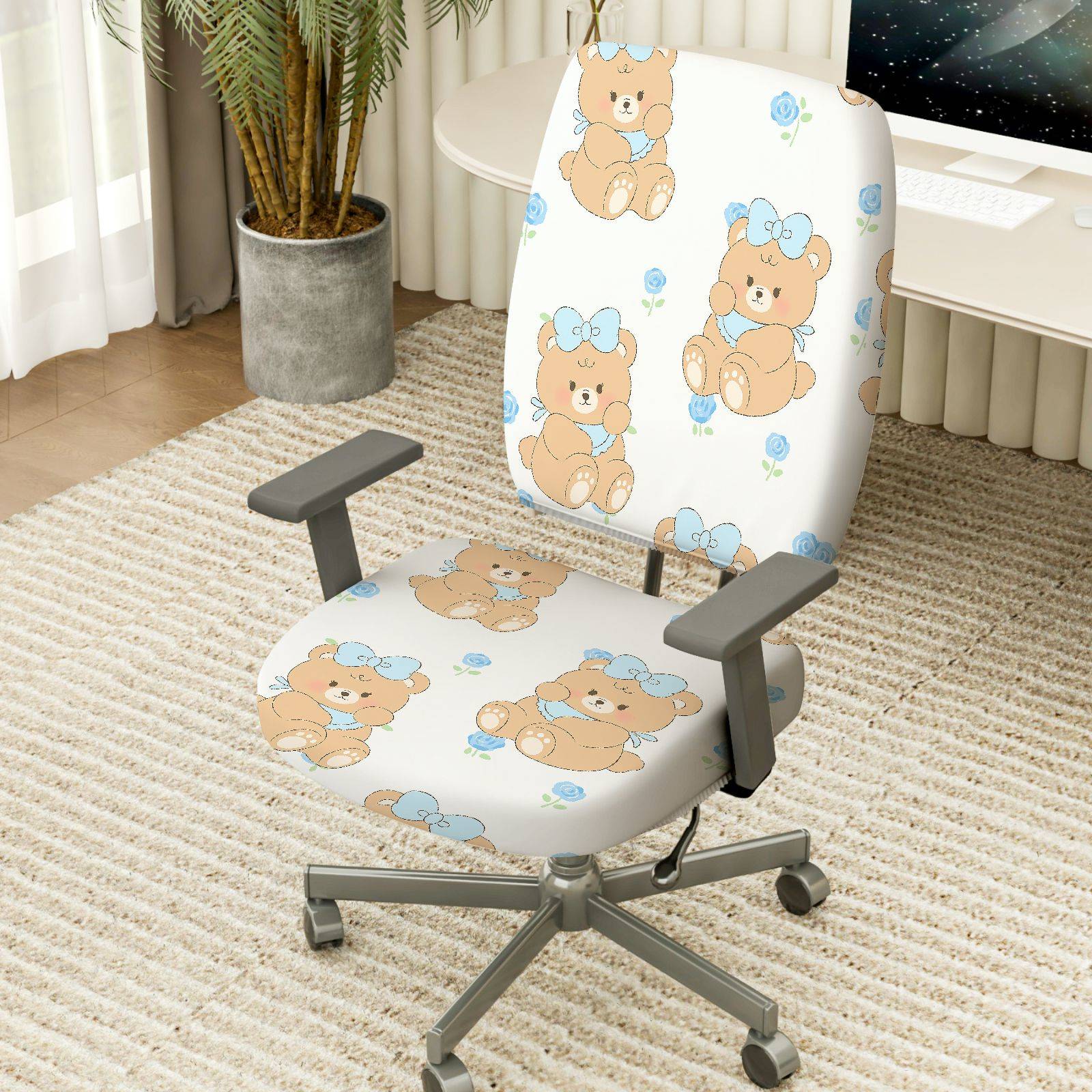 2-Piece Cute Bear Floral Decorative  Computer Chair Cover Set, Seat and Backrest
