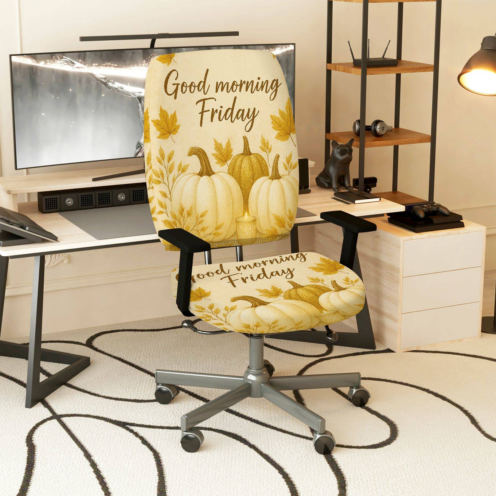 2-Piece Autumn Pumpkin Maple Friday Thanksgiving  Computer Chair Cover Set, Seat and Backrest