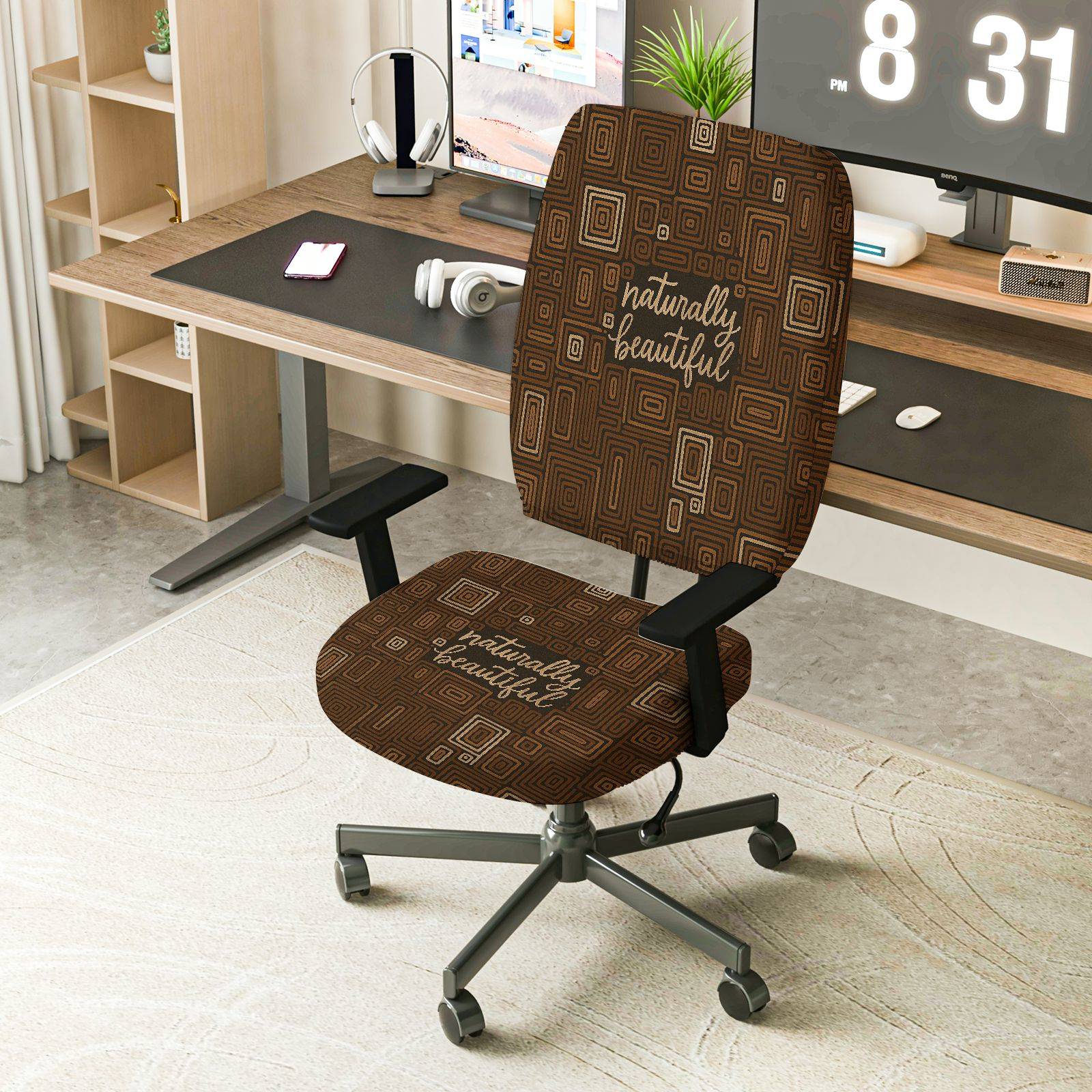 2-Piece Geometric Vintage Brown Inspirational Decor  Computer Chair Cover Set, Seat and Backrest