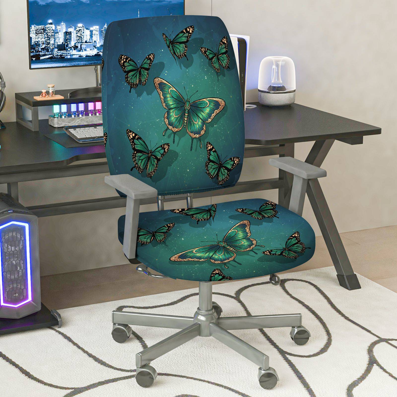 2-Piece Butterfly Green Blue Black Nature Art  Computer Chair Cover Set, Seat and Backrest