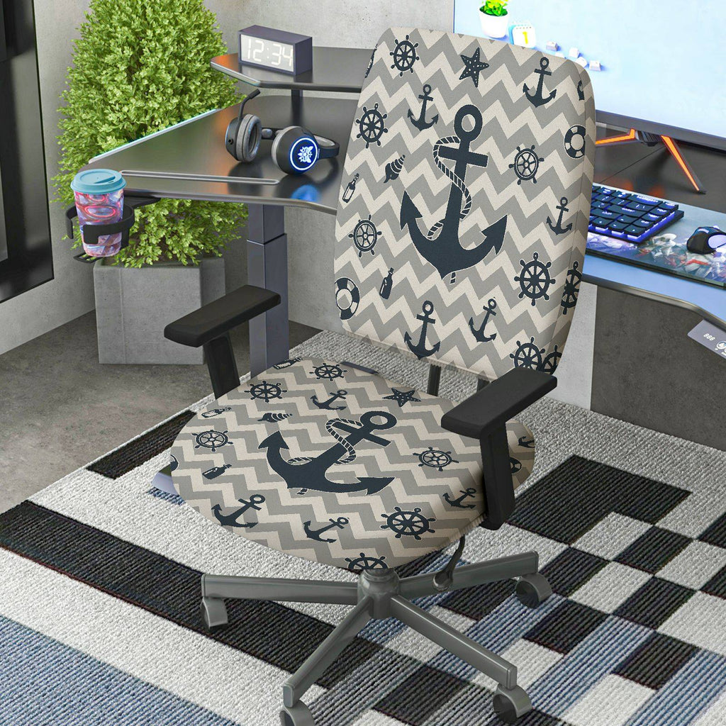 2-Piece Anchor Steering Wheel Chevron Pattern Star Marine Theme  Computer Chair Cover Set, Seat and Backrest