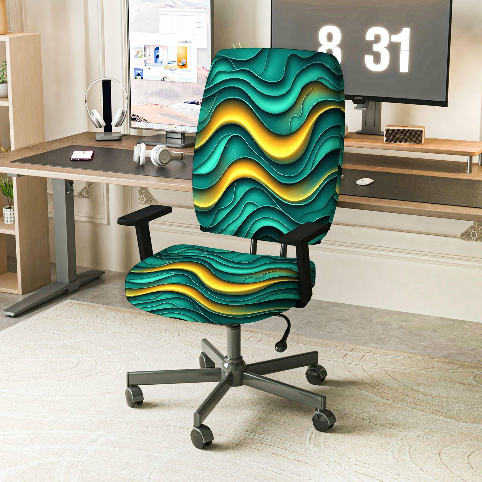 2-Piece Wave Abstract Art Geometric Colorful  Computer Chair Cover Set, Seat and Backrest