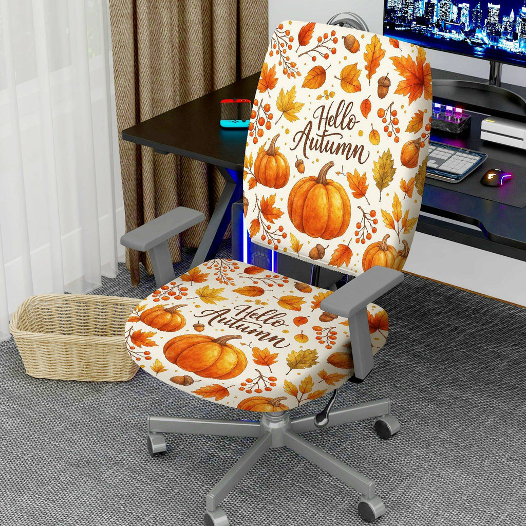 2-Piece Autumn Pumpkin Maple Leaves Acorn Fall  Computer Chair Cover Set, Seat and Backrest
