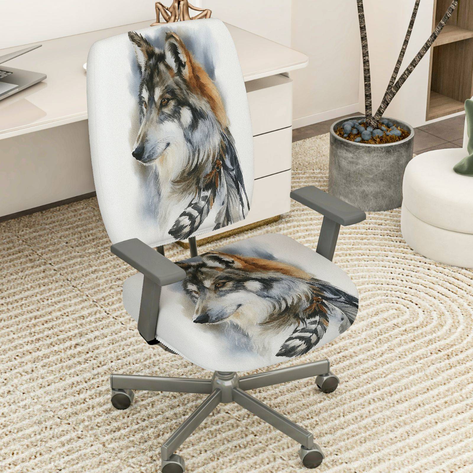 2-Piece Wolf Animal Feather Art Nature Tribal  Computer Chair Cover Set, Seat and Backrest