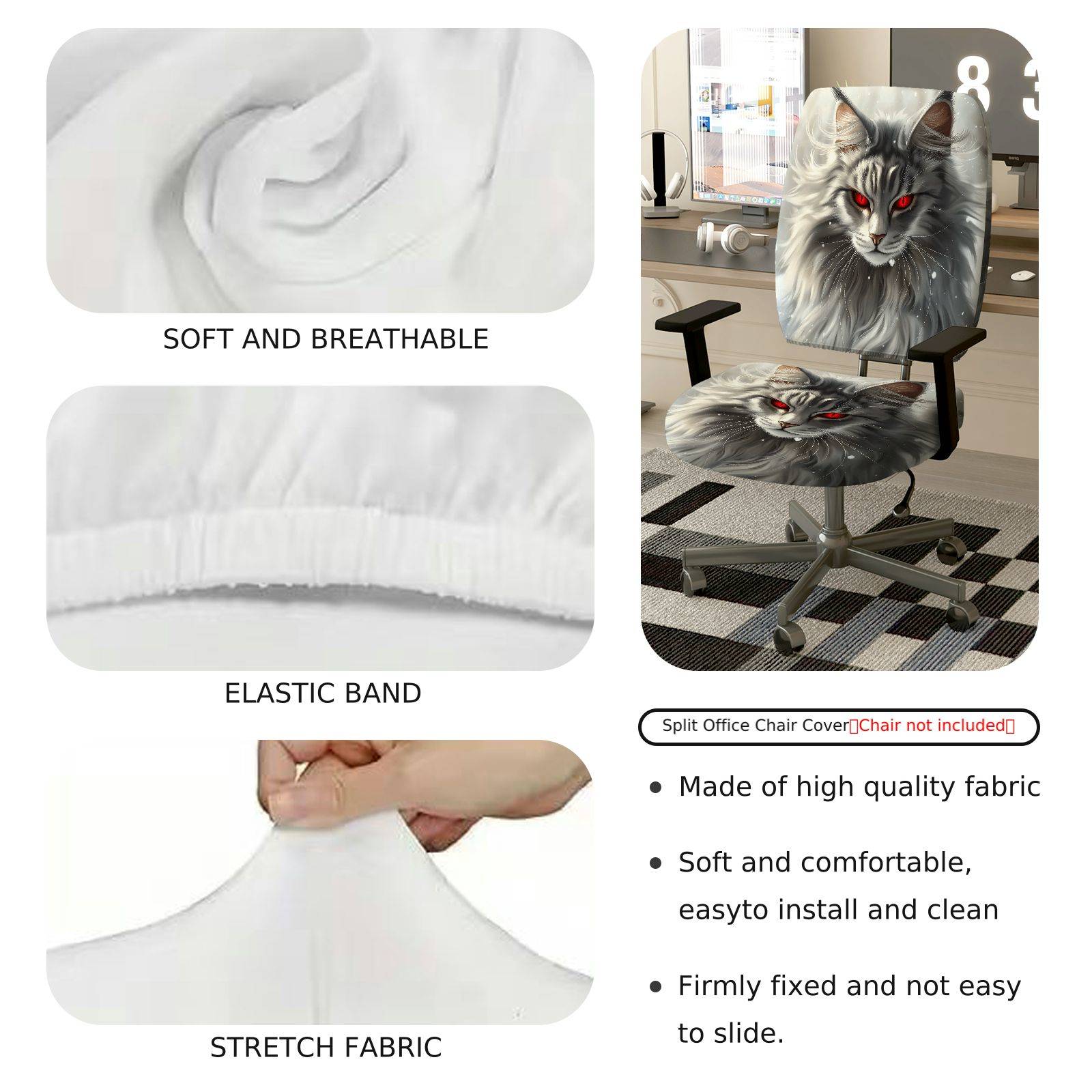 2-Piece Animal Fantasy Red-Eye Cat Unique Design  Computer Chair Cover Set, Seat and Backrest