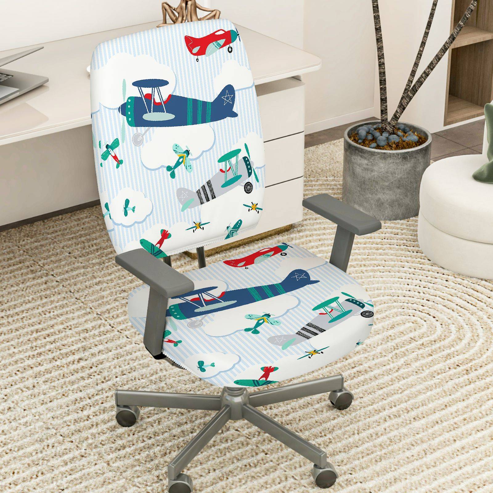 2-Piece Airplane Cloud Stripe Fun  Computer Chair Cover Set, Seat and Backrest