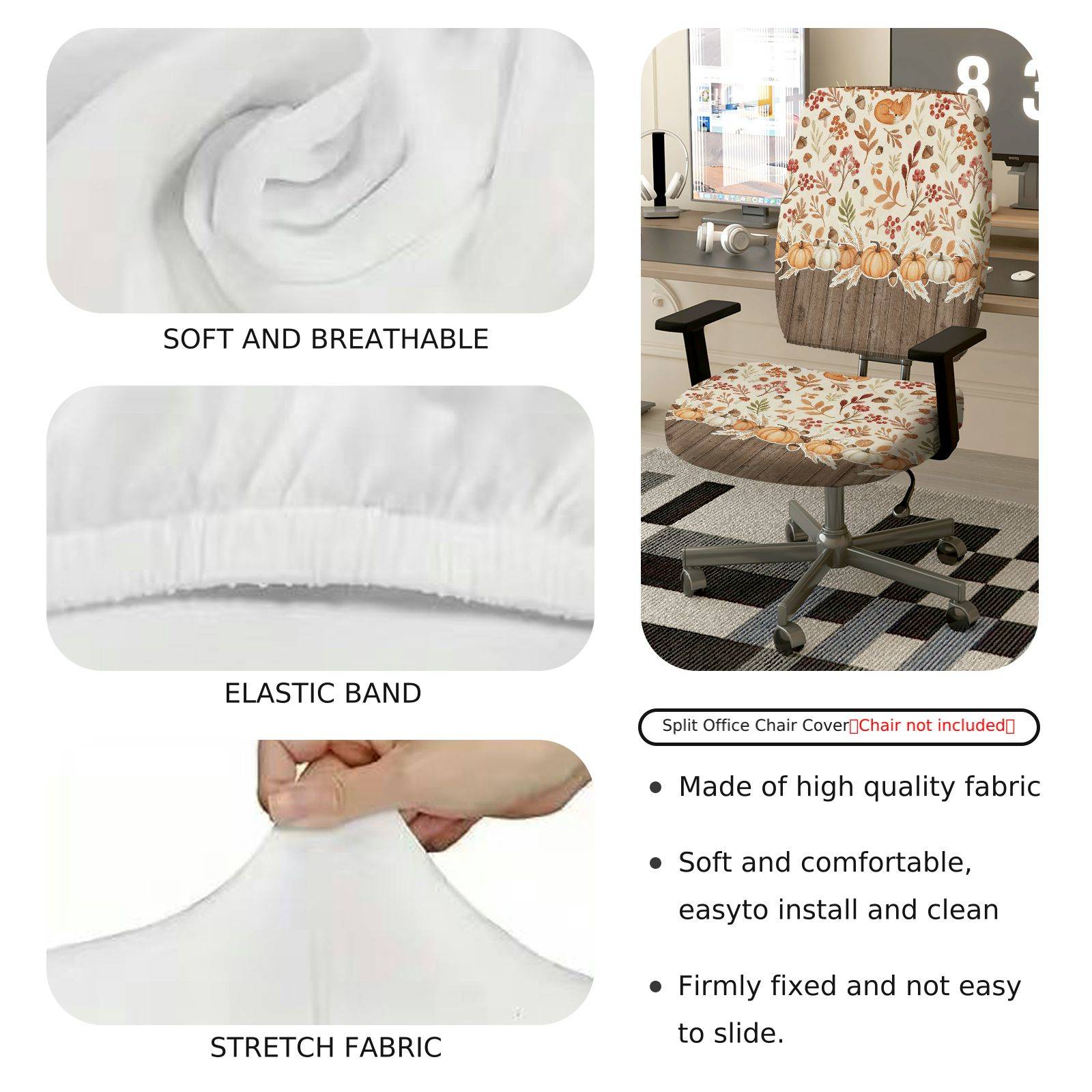 2-Piece Autumn Pumpkin Floral Pattern Thanksgiving  Computer Chair Cover Set, Seat and Backrest