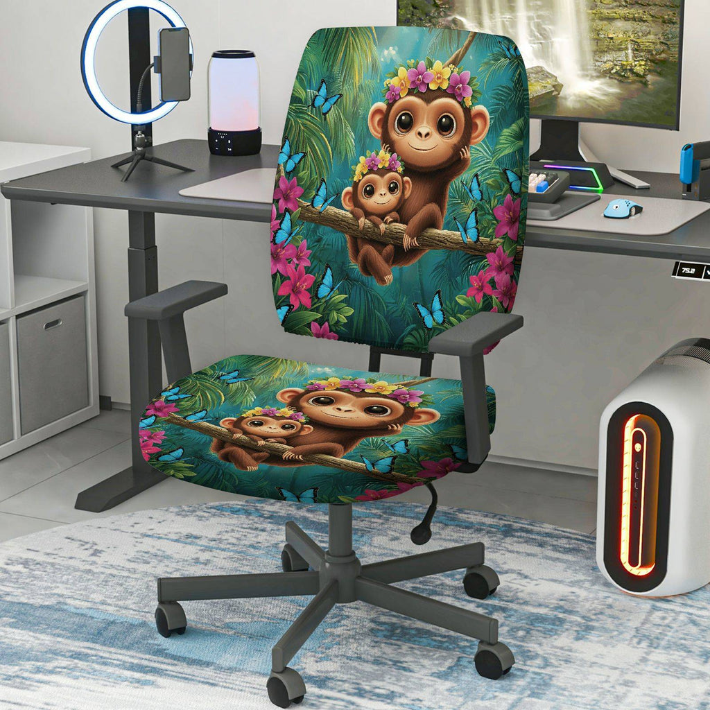 2-Piece Monkey Jungle Floral Butterfly Animal  Computer Chair Cover Set, Seat and Backrest