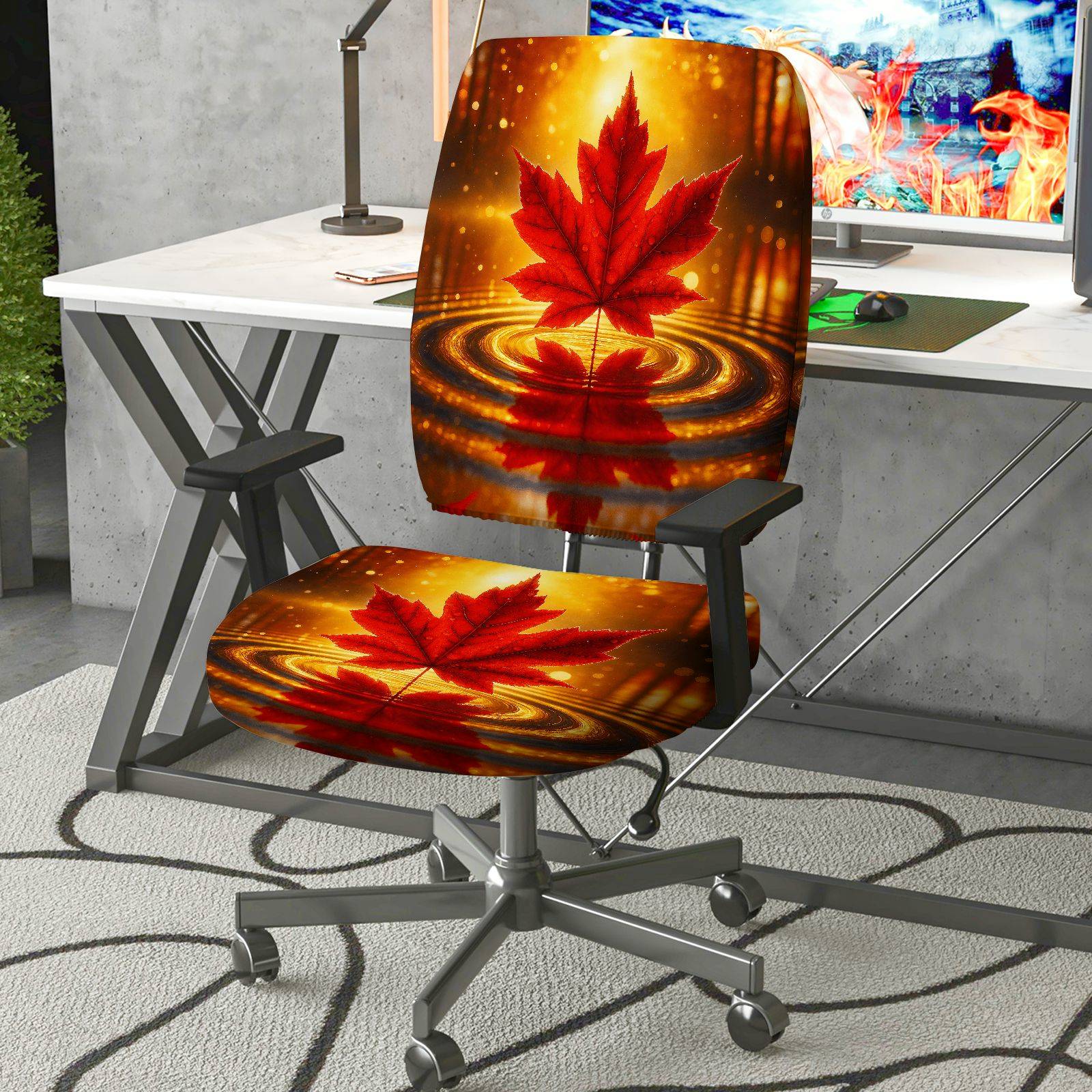 2-Piece Autumn Maple Leaf Nature Festival Holiday Red  Computer Chair Cover Set, Seat and Backrest