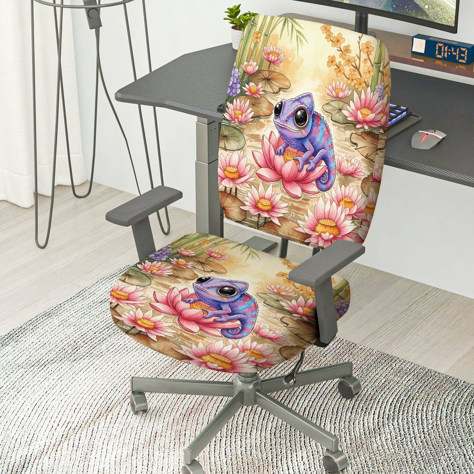 2-Piece Chameleon Lotus Flower Artistic Colorful Nature  Computer Chair Cover Set, Seat and Backrest
