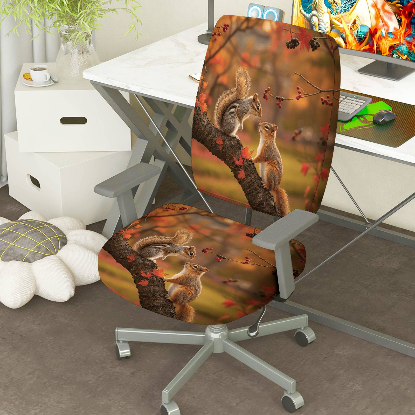 2-Piece Autumn Squirrel Woodland Nature Wildlife  Computer Chair Cover Set, Seat and Backrest