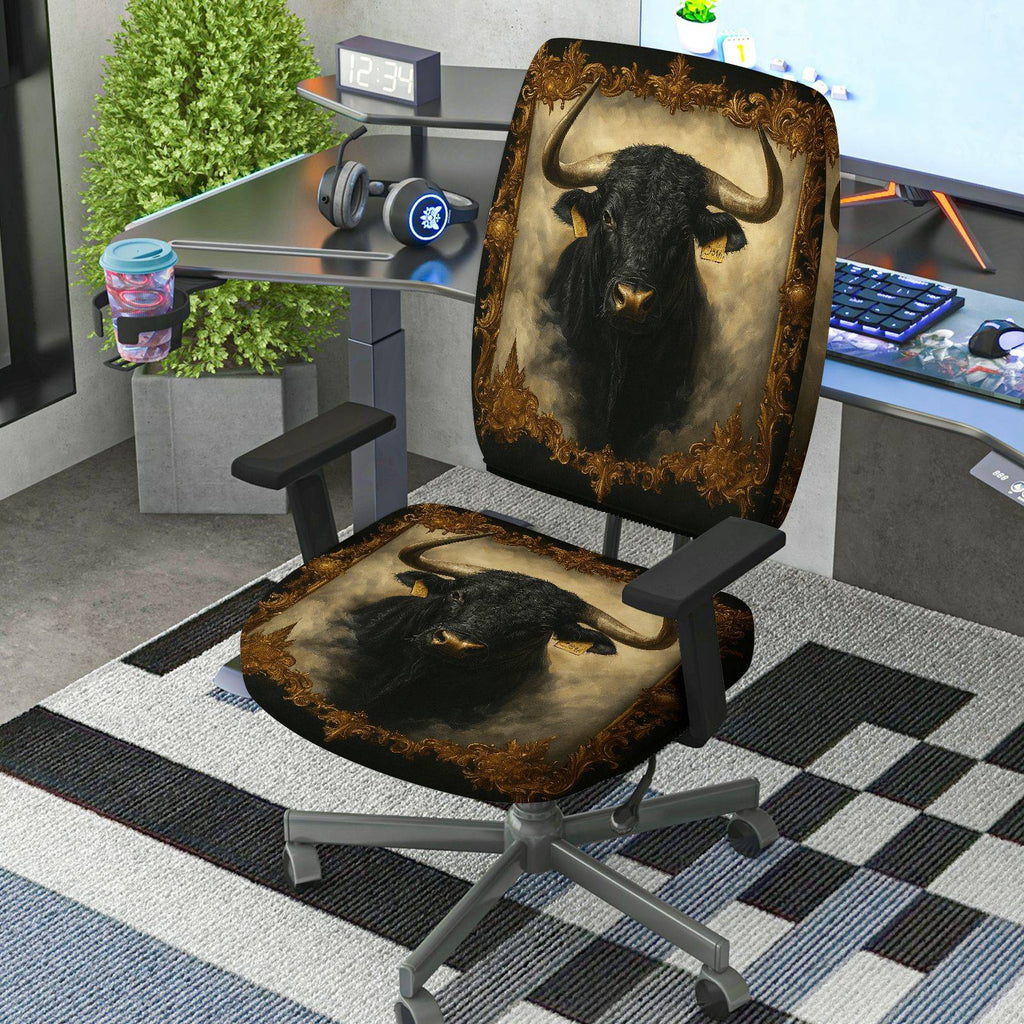 2-Piece Animal Bull Art Vintage Retro Brown Black  Computer Chair Cover Set, Seat and Backrest
